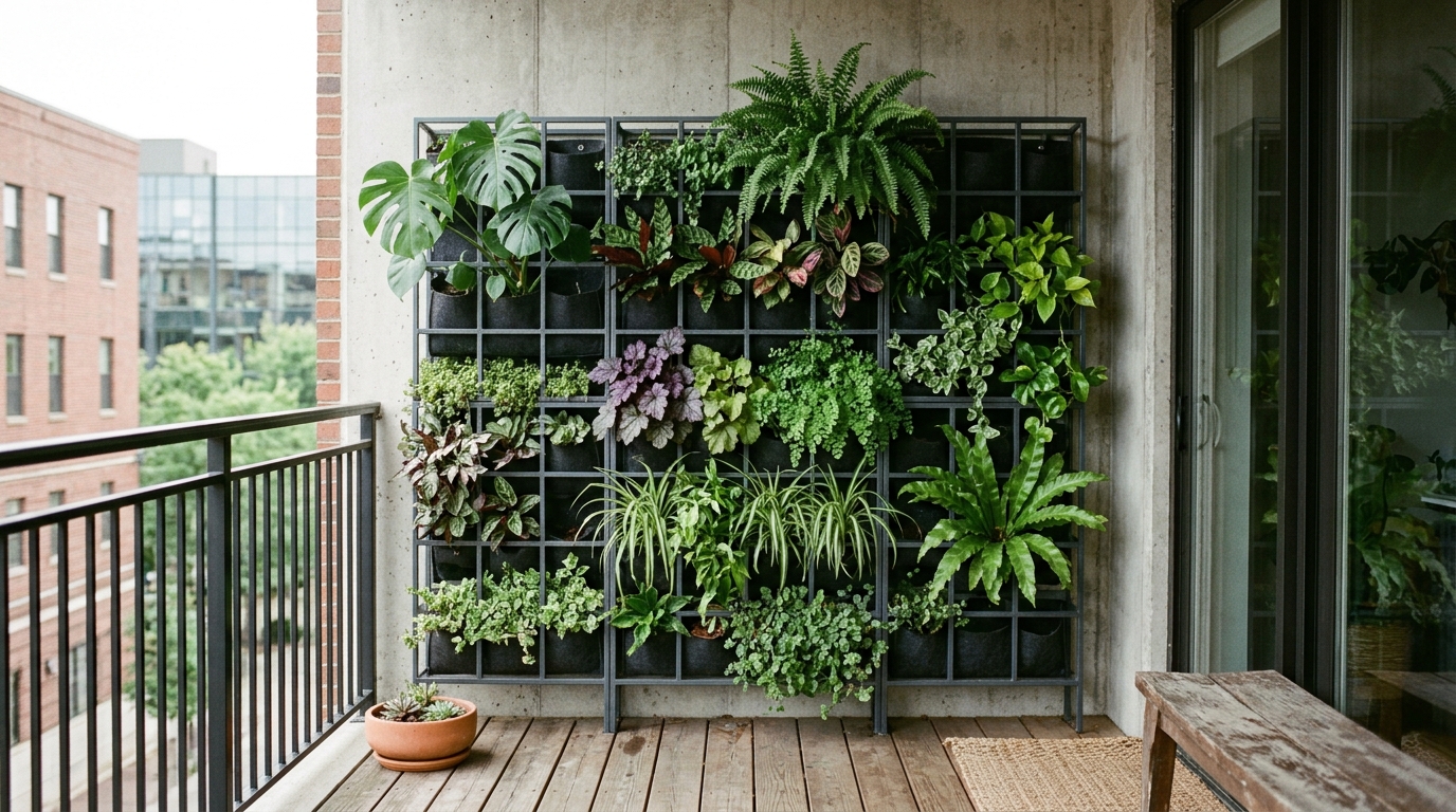 Lush vertical garden on a matte black steel grid, demonstrating space-saving biophilic design for modern apartment living.