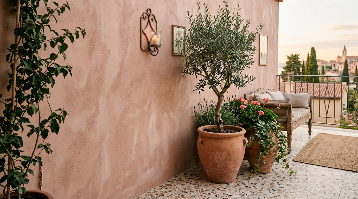 Luxury small apartment balcony ideas with Farrow & Ball Setting Plaster walls and large-format terrazzo floor tiles.