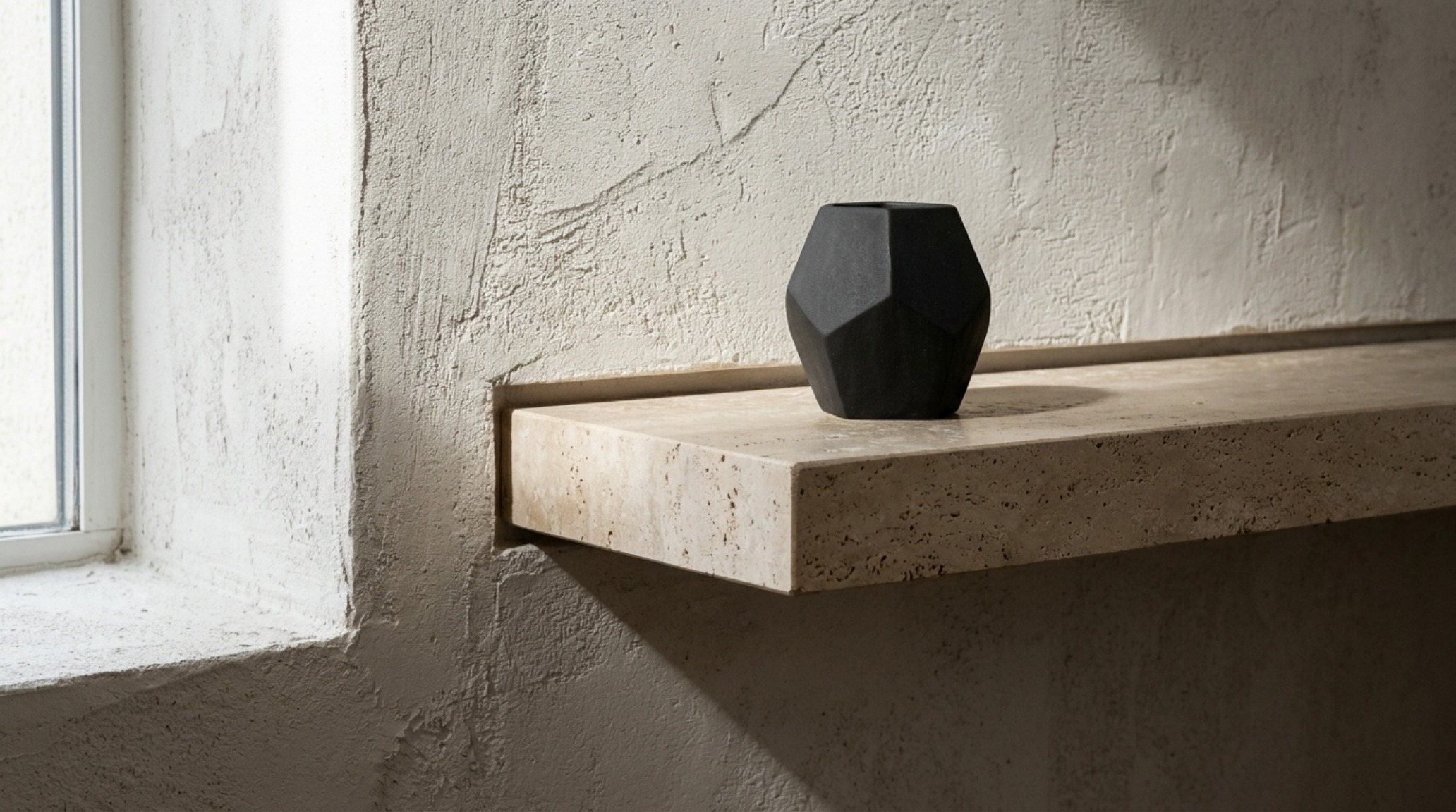 Detail shot of a silver travertine floating shelf against a textured plaster wall, highlighting the tactile grounding and shadow play of high-end architectural design.