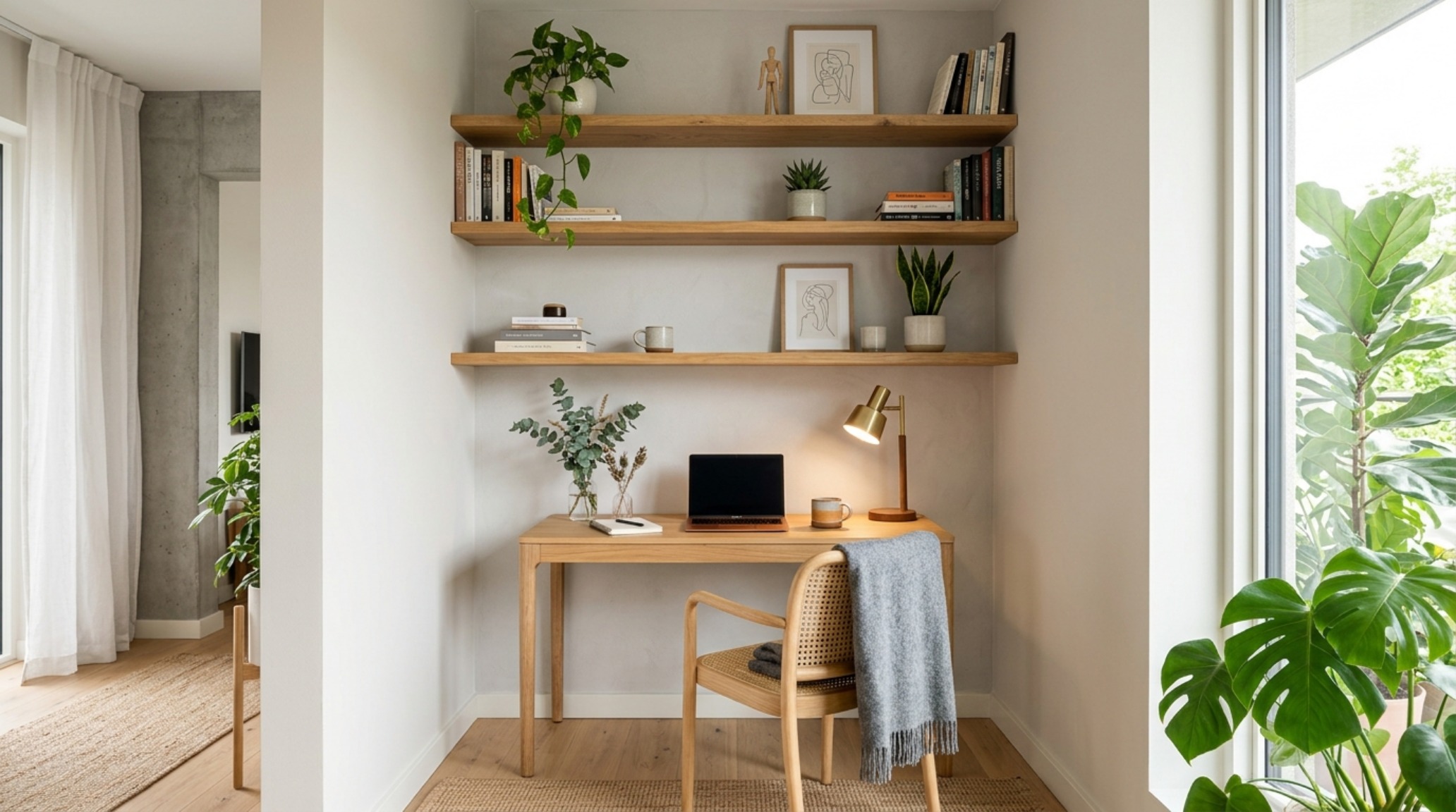 Small space living room floating shelves ideas showing a corner integration that maximizes dead space for a curated library and stoneware display. Small space living room floating shelves ideas showing a corner integration that maximizes dead space for a curated library and stoneware display.