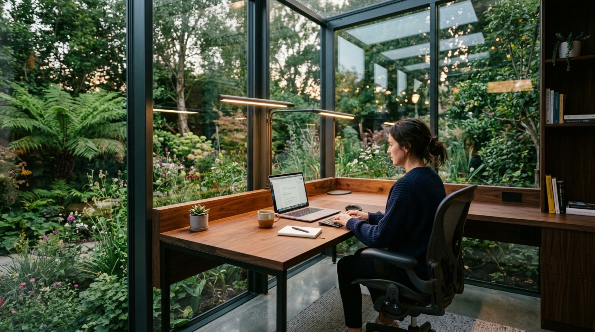 A compact workspace nook integrated into a central utility core, featuring 3000K task lighting and ergonomic chair clearance for a functional home office. A compact workspace nook integrated into a central utility core, featuring 3000K task lighting and ergonomic chair clearance for a functional home office.