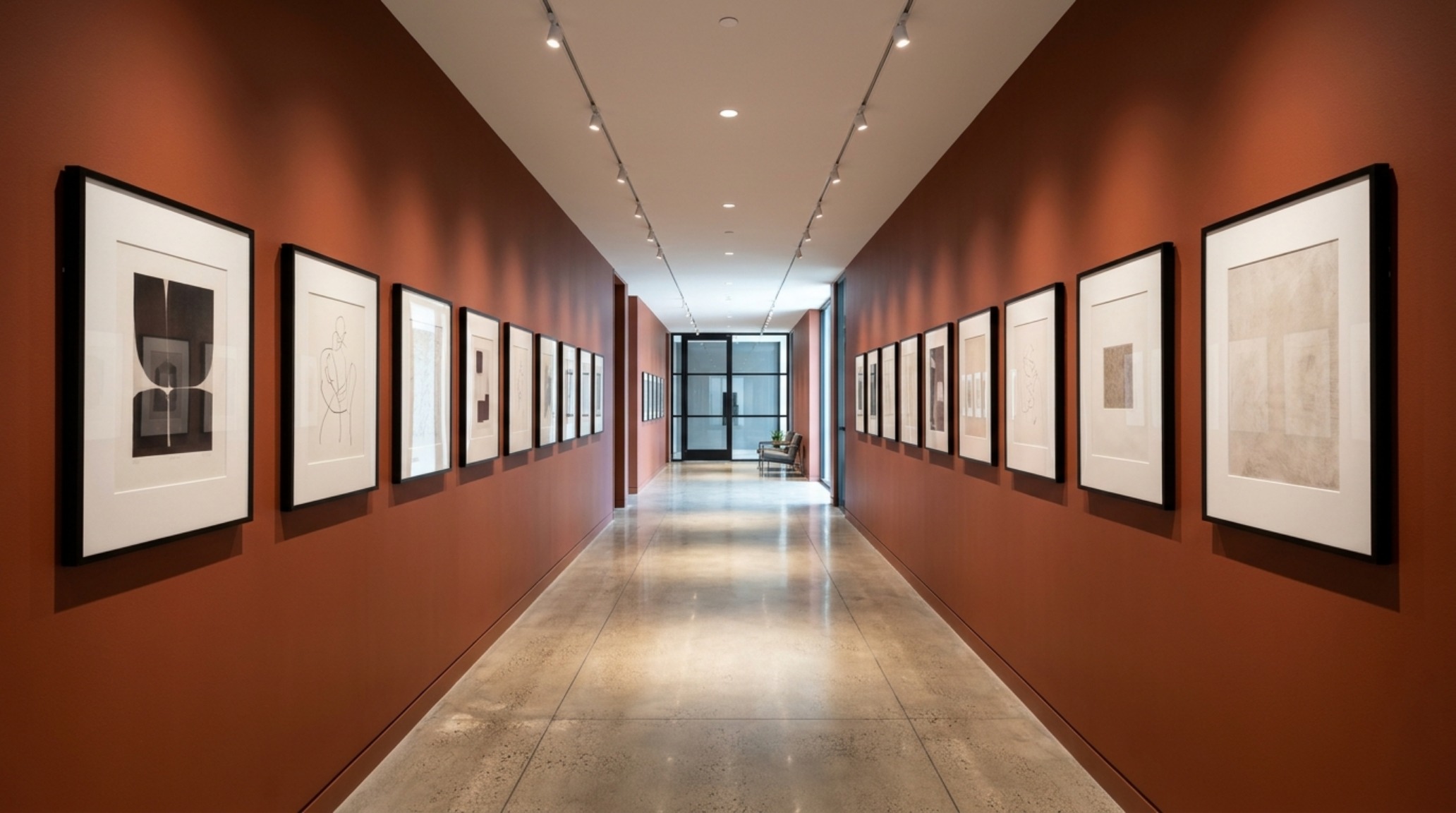 Architectural view of a hallway using paint color browns 0608 decor ideas to create depth, showing sightline alignment with minimalist door frames.