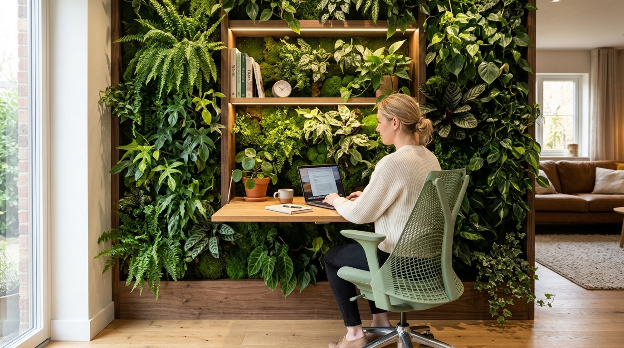 Built-in desk niche in a deep forest green, showcasing the ergonomic 'disappearing workspace' concept for modern hybrid living.