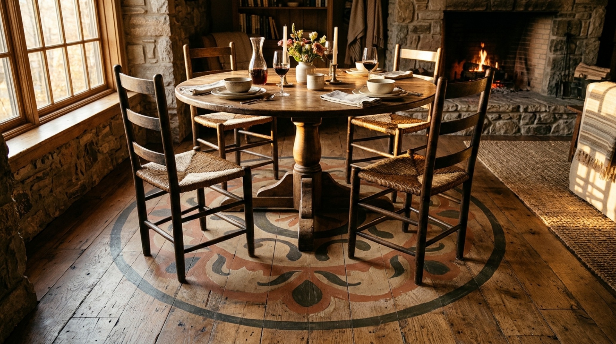 Dining area with a large scale hand-painted geometric floor pattern grounding a mid-century modern teak table.