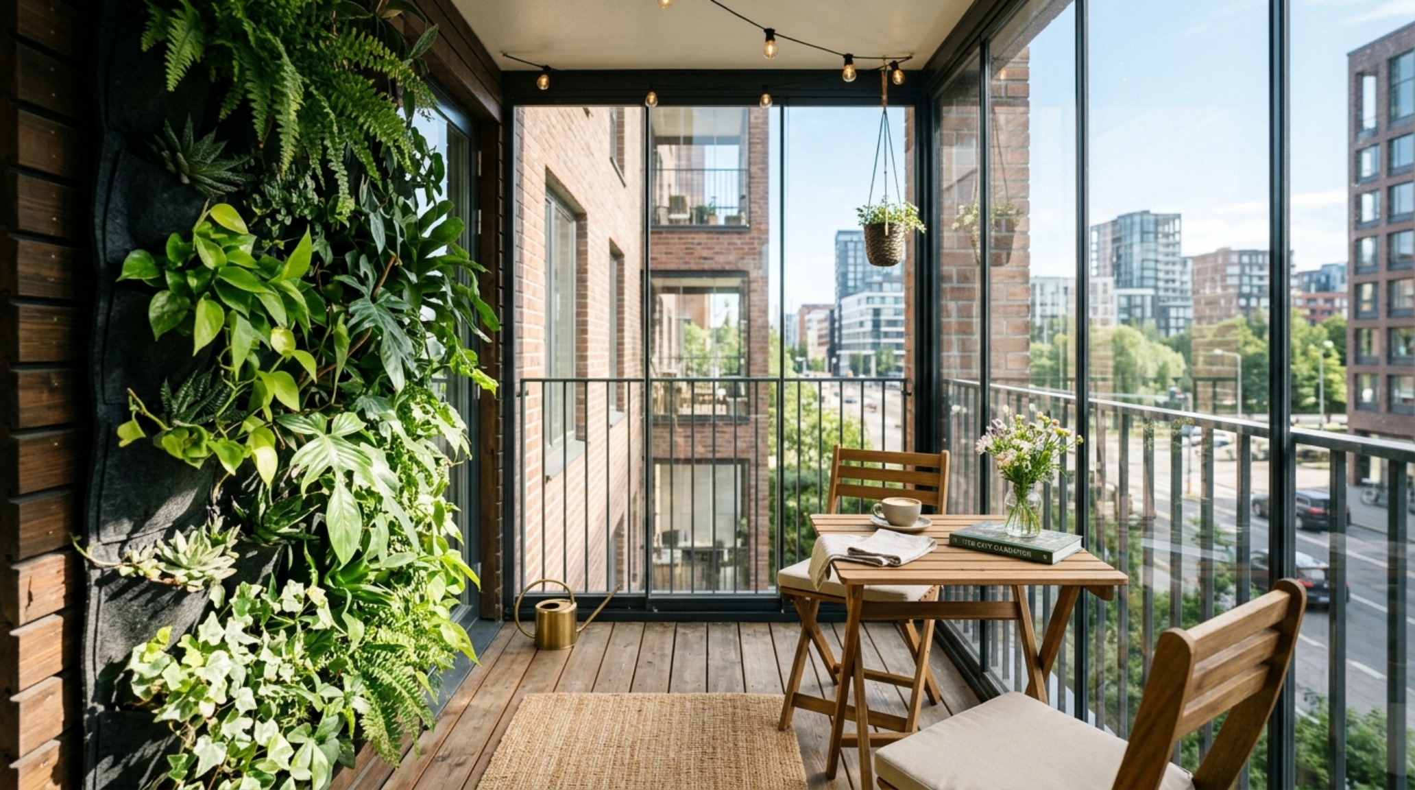 Small space enclose screened porch decor ideas featuring a vertical herb garden wall and a fold-down teak table designed for maximum floor area efficiency.