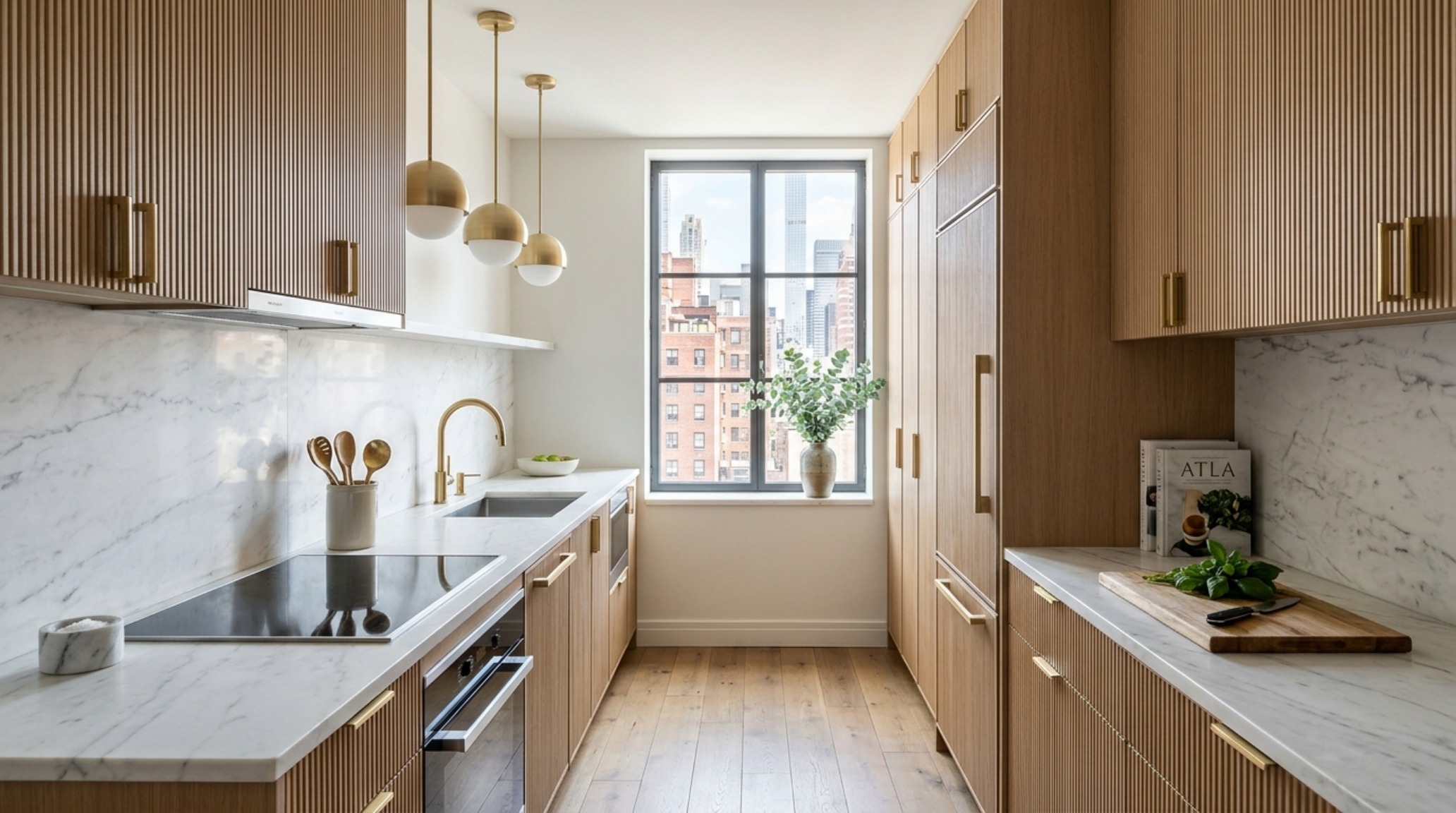 Ergonomic kitchen design in a New York apartment featuring marble countertops and custom brass hardware in a galley layout. Ergonomic kitchen design in a New York apartment featuring marble countertops and custom brass hardware in a galley layout.