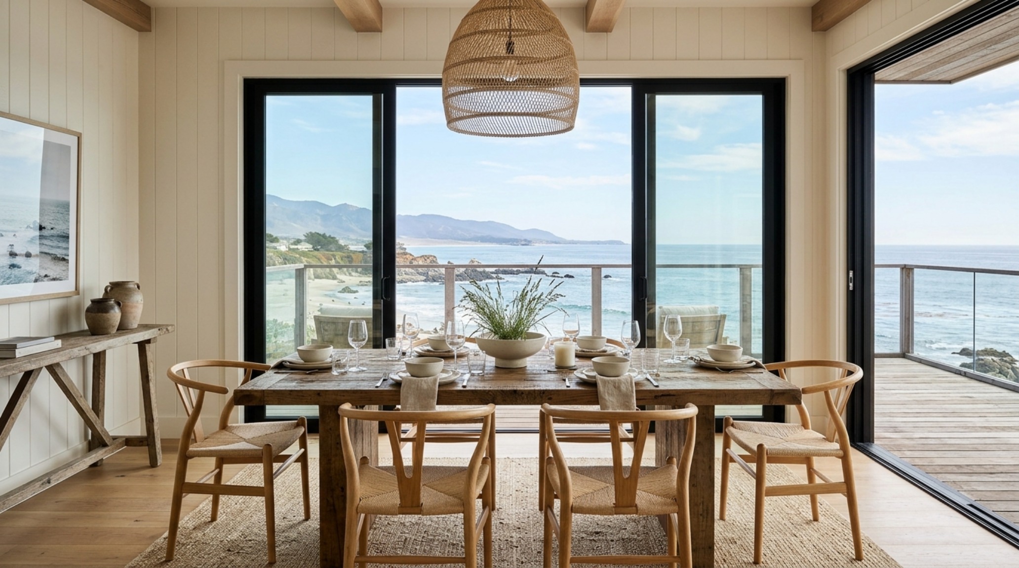 Modern coastal cowgirl design trend decor ideas dining area with a minimalist oak table and 30-inch chair clearance for optimal spatial flow.