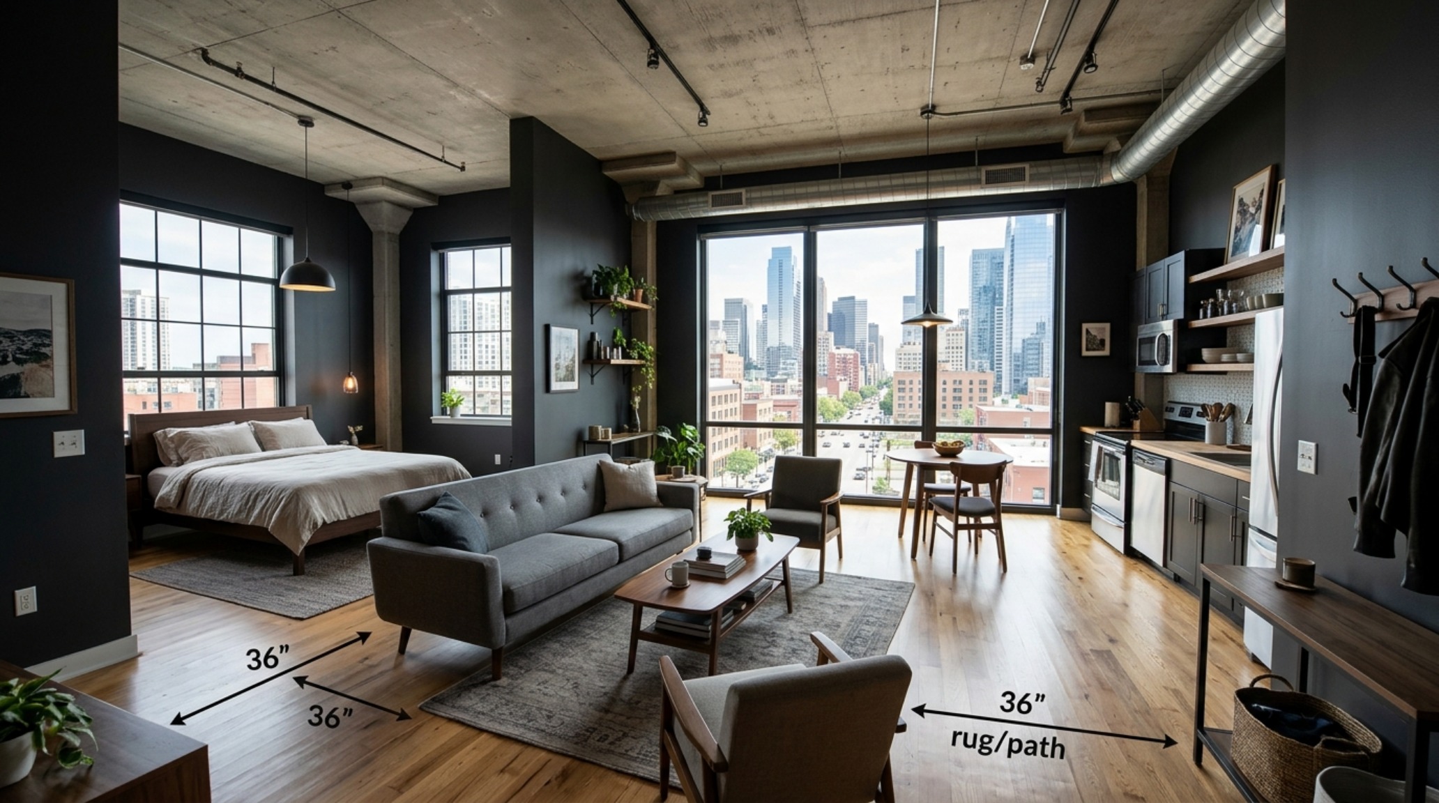 A wide-angle shot of the living area showing the 36-inch primary walkway clearance and the seamless flow of the bjorn wallander manhattan apartment tour decor ideas layout.