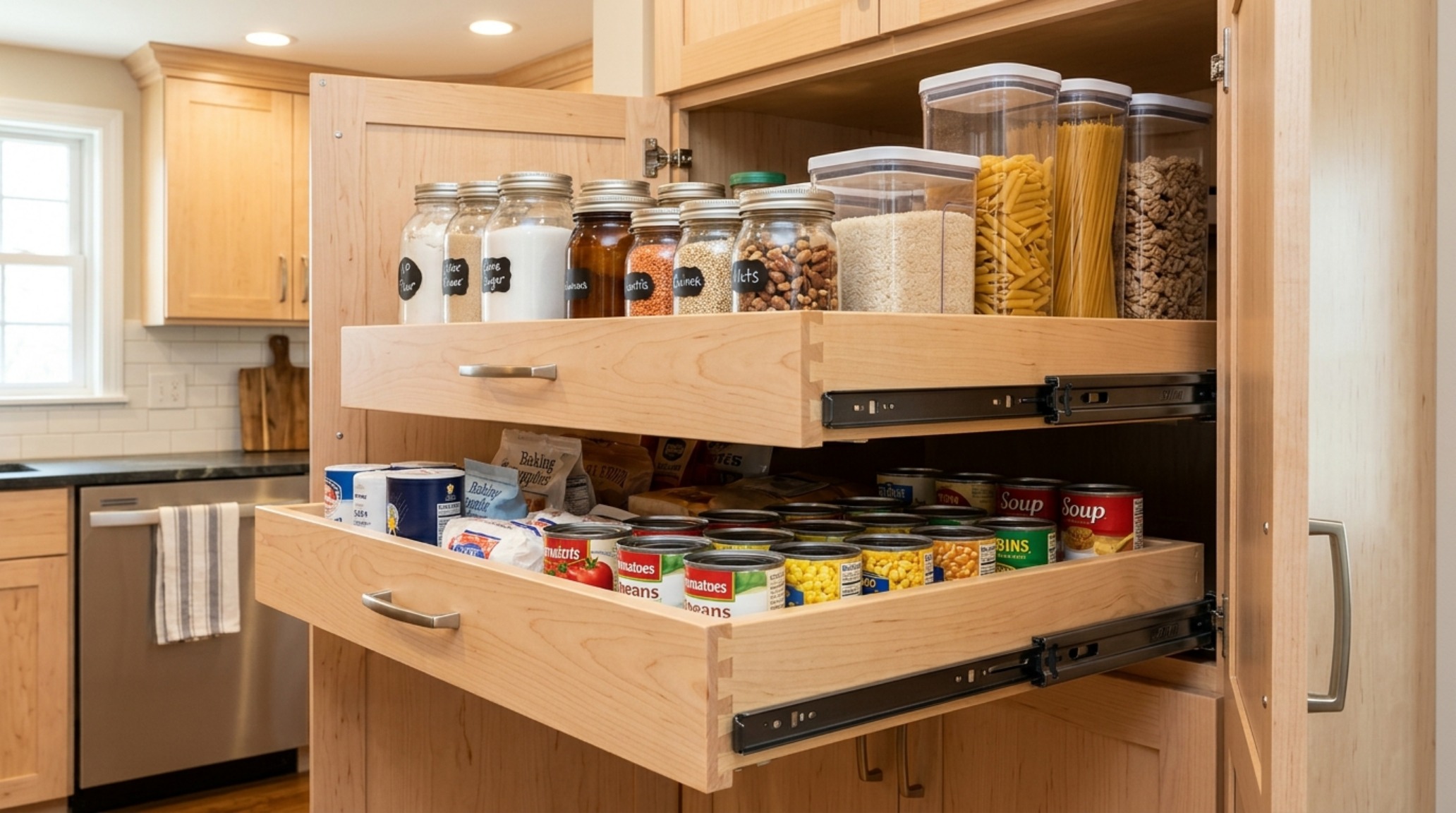 Pull-out heavy-duty drawers filled with bulk dry goods, demonstrating small pantry organization ideas ergonomics and accessibility for modern kitchens.