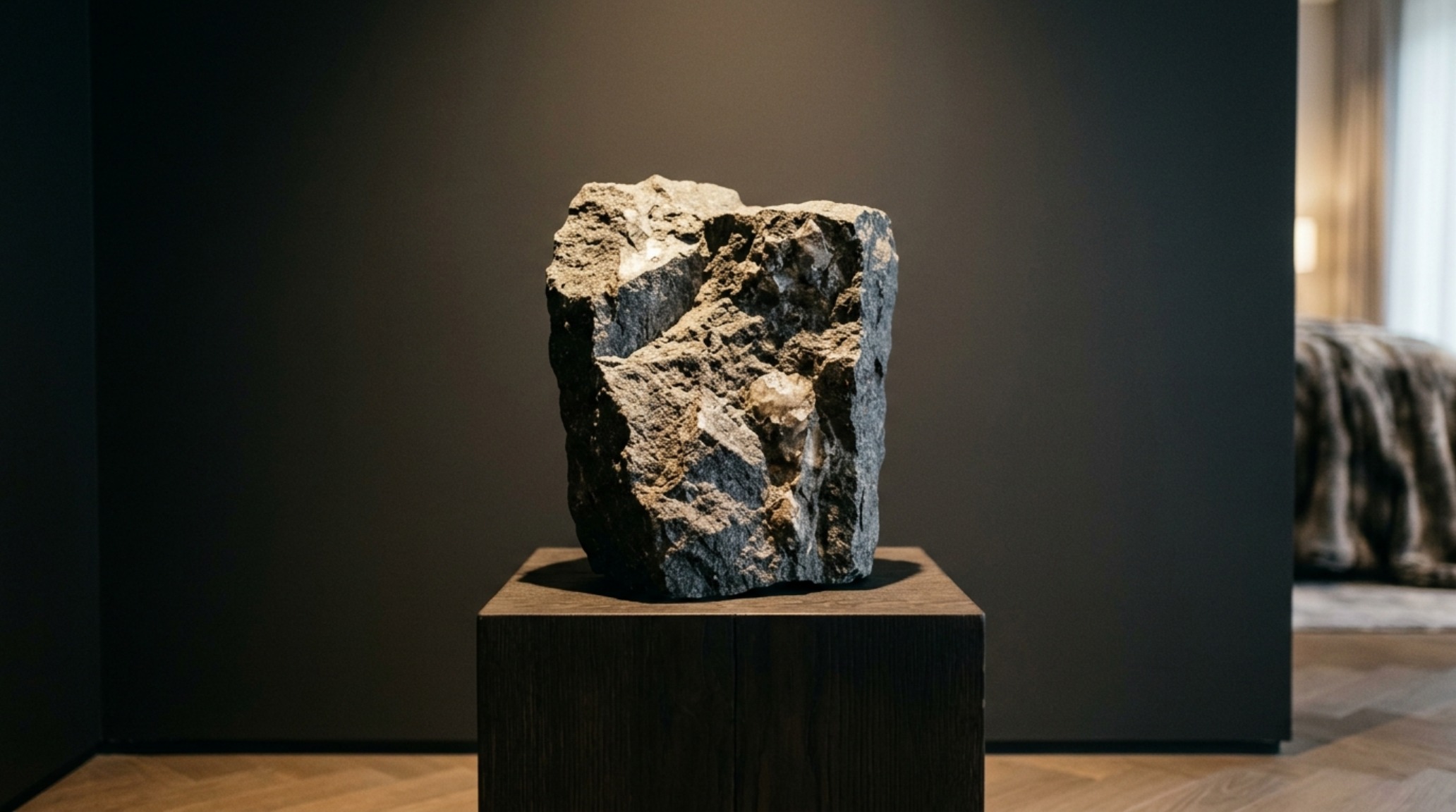 Close-up of a honed travertine side table against a velvet-textured flat wall, emphasizing the interplay of matte surfaces and tactile natural materials.