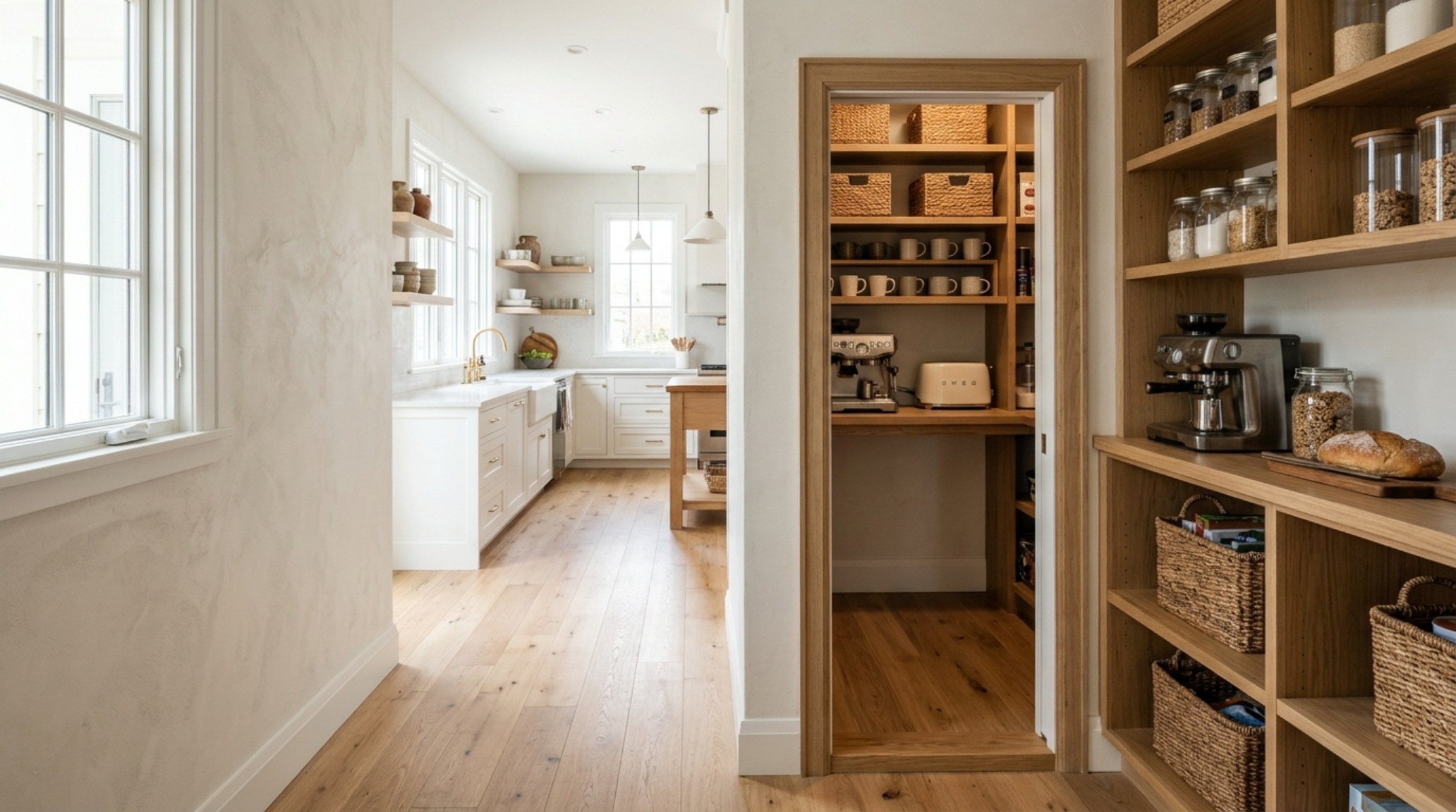 A walk-in pantry with a 36-inch clearance walkway and limestone flooring, emphasizing spatial cadence and open-concept organization.