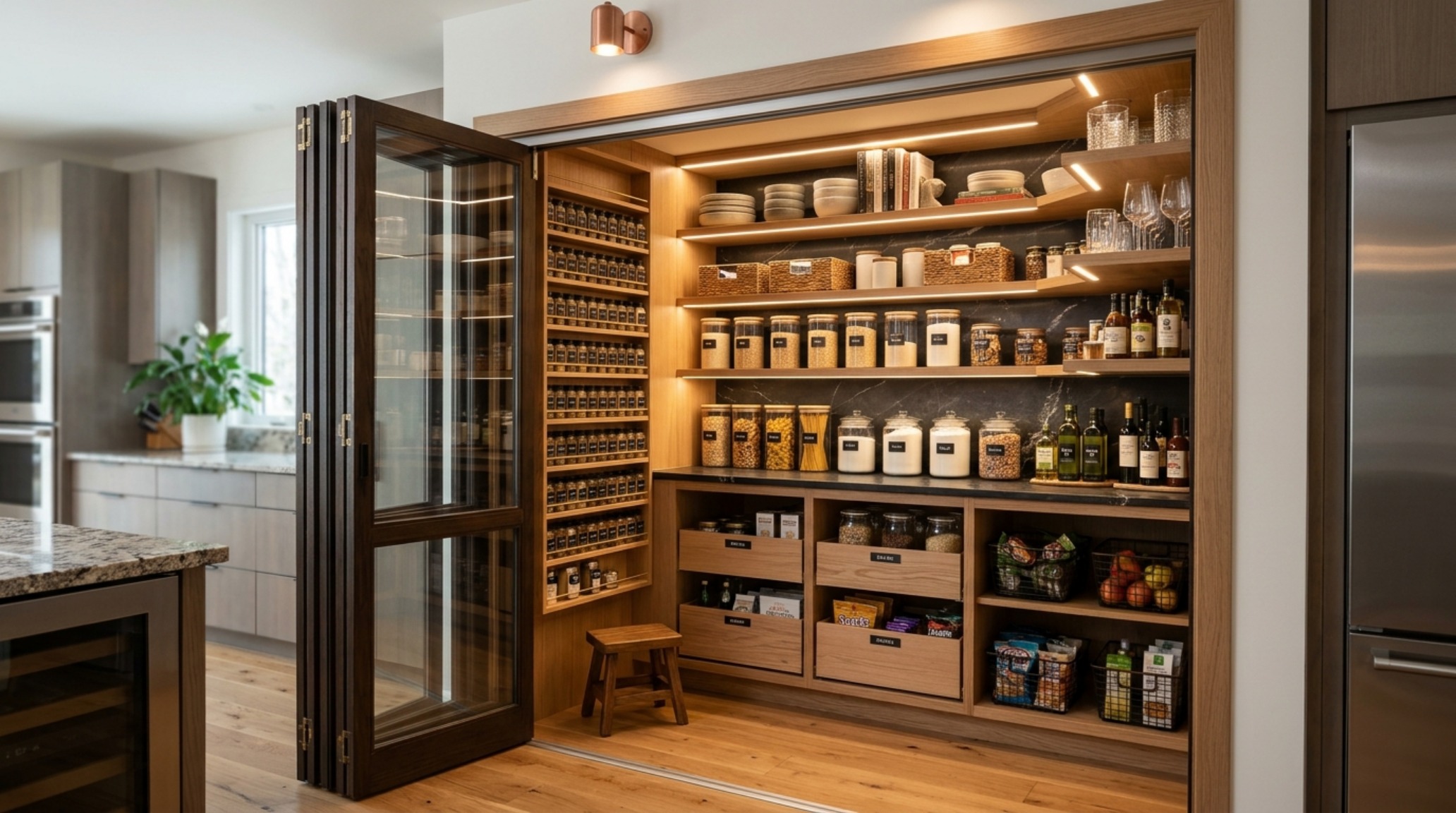 Architectural detail of a corner pantry unit with rotating carousel shelves to make your pantry functional in tight spaces. Architectural detail of a corner pantry unit with rotating carousel shelves to make your pantry functional in tight spaces.