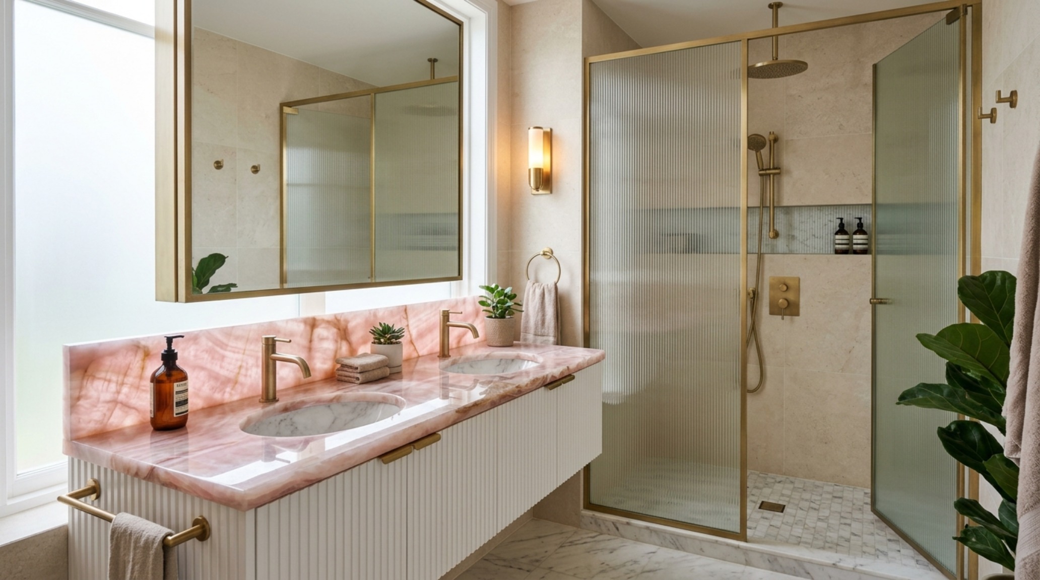 Luxury bathroom with pink marble accents and brushed brass fixtures, demonstrating barbie movie dreamhouse pink paint shortage decor ideas textures.