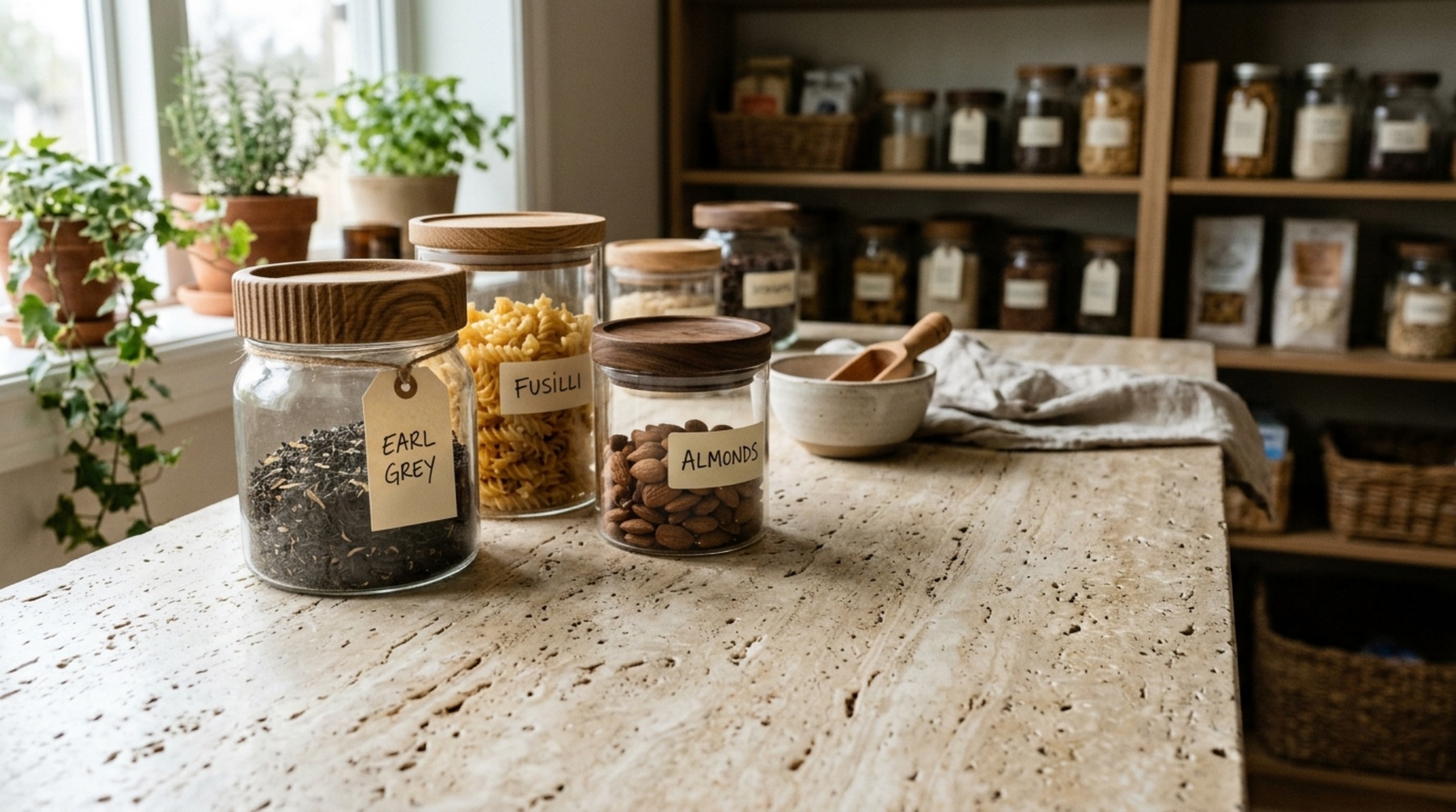 Luxury small pantry organization ideas textures featuring honed travertine counters and ribbed glass containers in soft daylight.