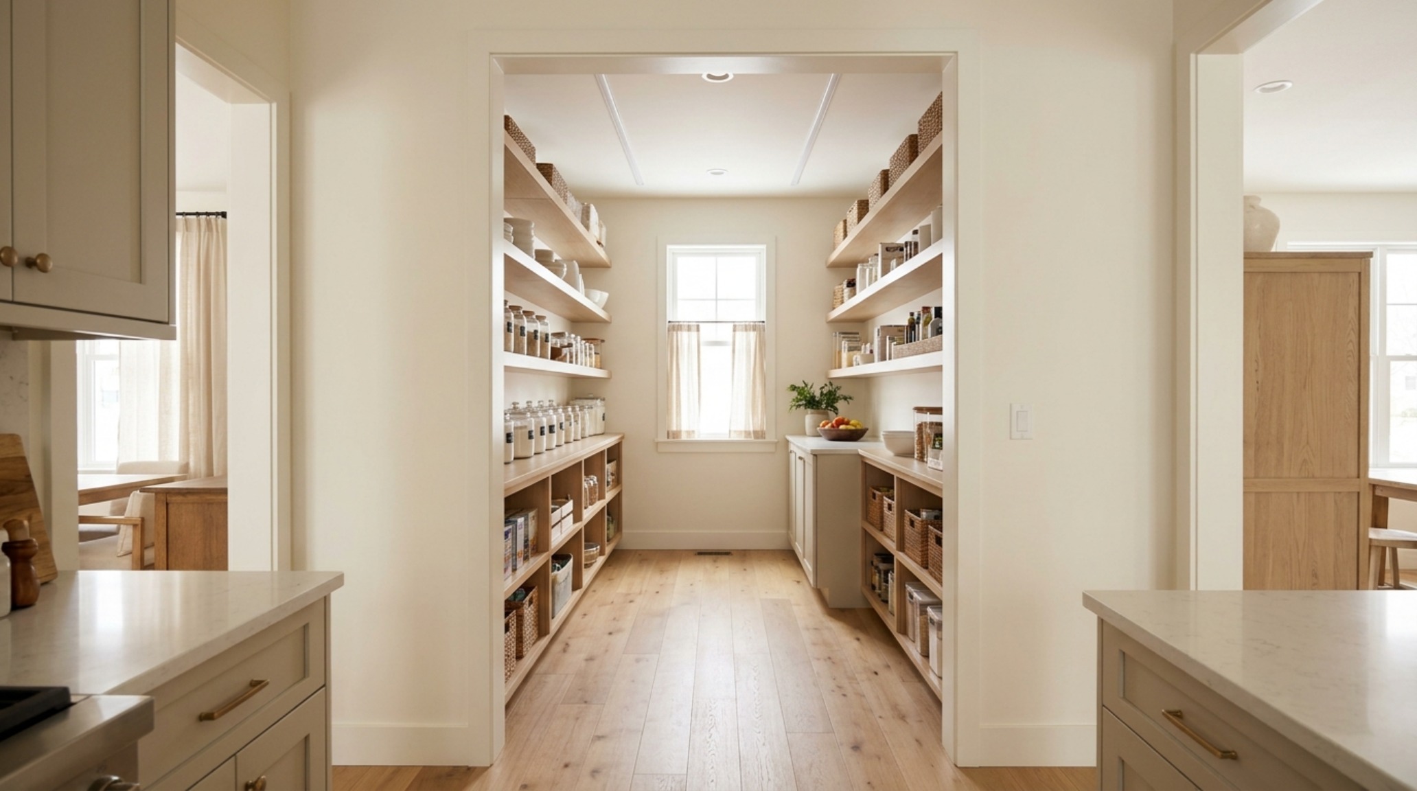 Minimalist butlers pantry with floor-to-ceiling white oak shelving and a large vintage ceramic vessel as a focal point.