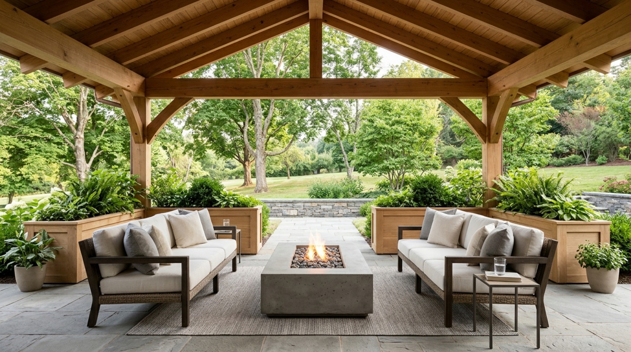 Symmetry and sightline alignment in an outdoor pavilion featuring twin outdoor sofas and a central fire table with balanced negative space. Symmetry and sightline alignment in an outdoor pavilion featuring twin outdoor sofas and a central fire table with balanced negative space.