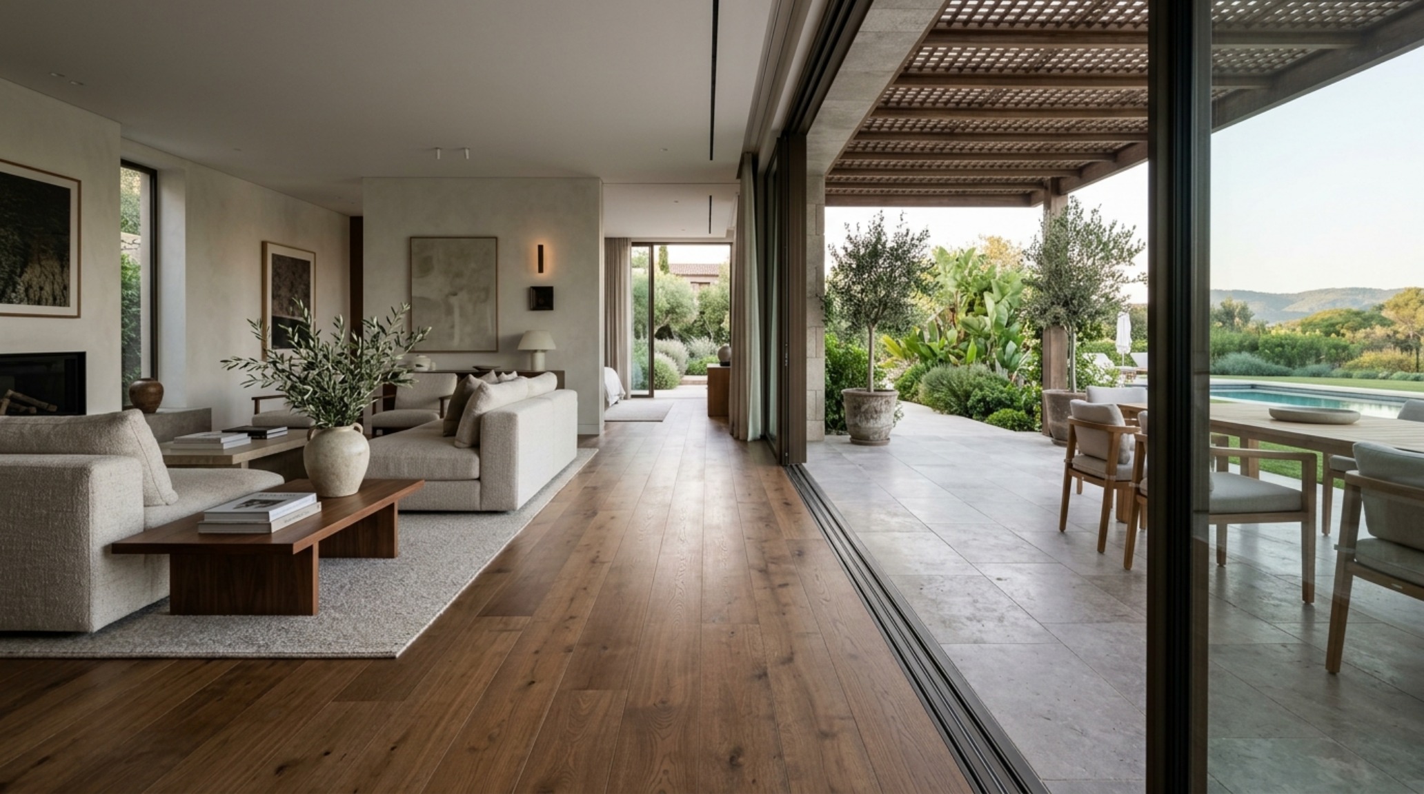 Honed travertine floor tiles meeting a sliding glass door threshold, demonstrating seamless interior-to-outdoor spatial integration. Honed travertine floor tiles meeting a sliding glass door threshold, demonstrating seamless interior-to-outdoor spatial integration.