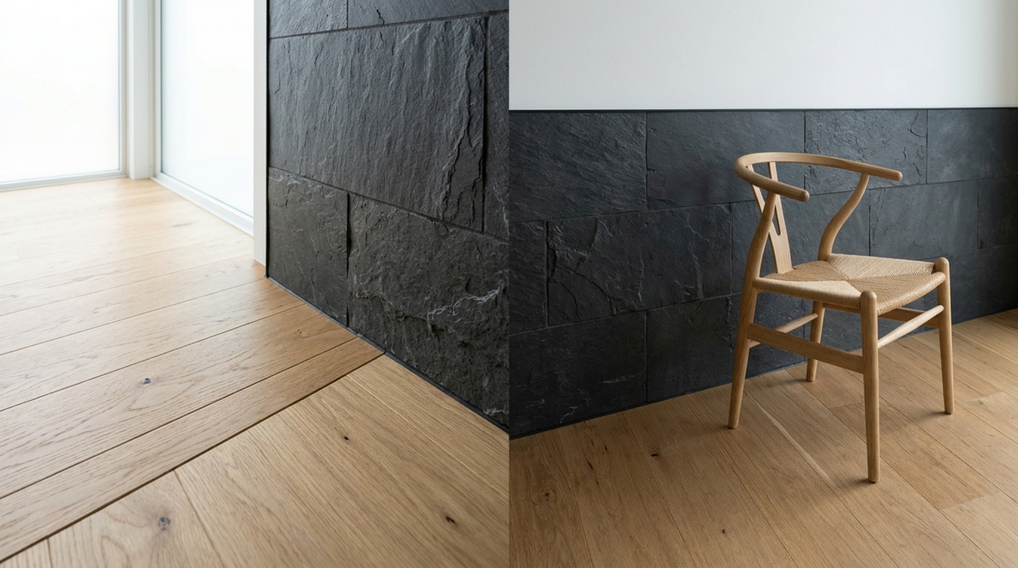 The spatial photography portfolio view of a minimalist living area featuring Benjamin Moore Swiss Coffee walls and integrated Slate Charcoal accents.