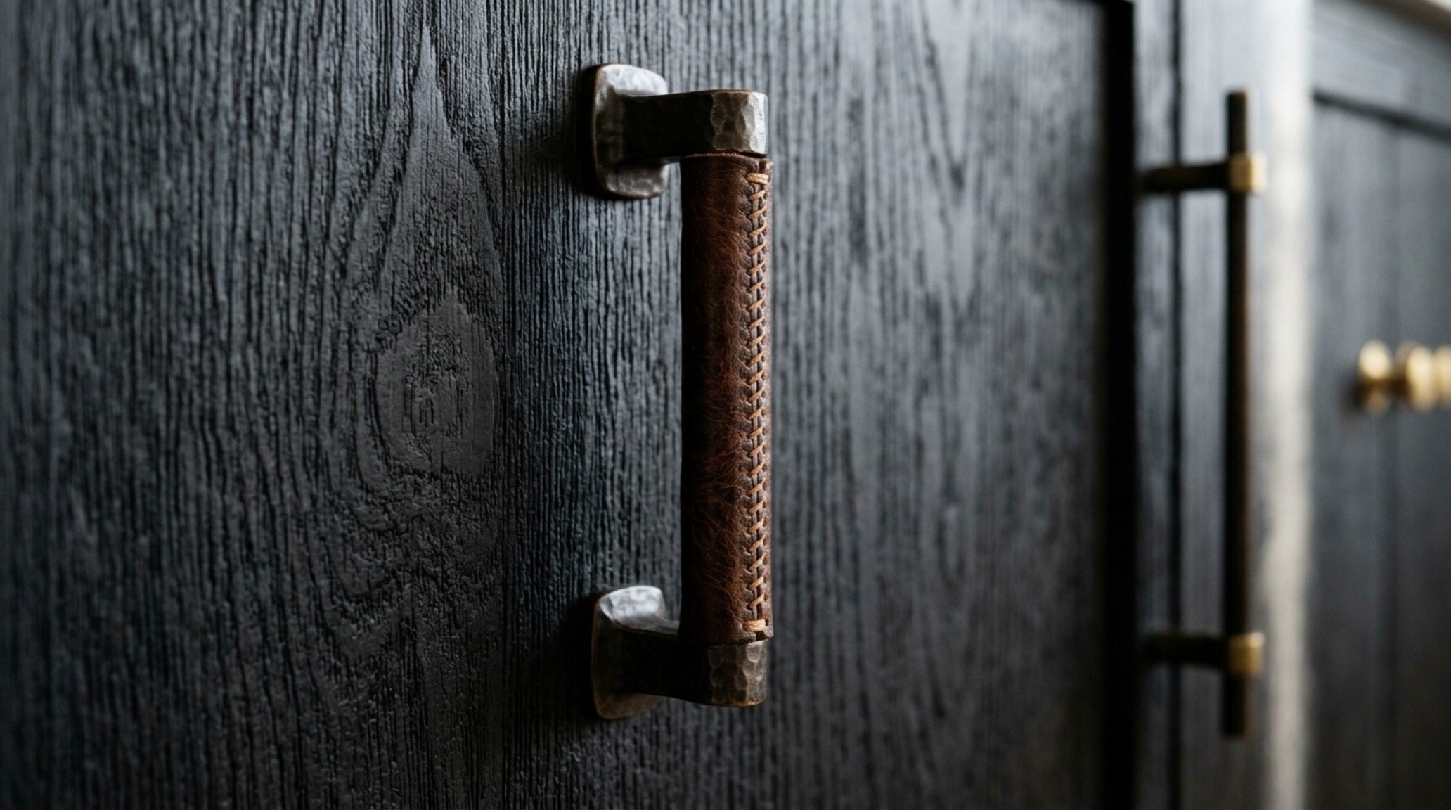 luxury unique cabinets textures highlighting a close-up of vegetable-tanned leather-wrapped pulls on wire-brushed ash wood doors. luxury unique cabinets textures highlighting a close-up of vegetable-tanned leather-wrapped pulls on wire-brushed ash wood doors.