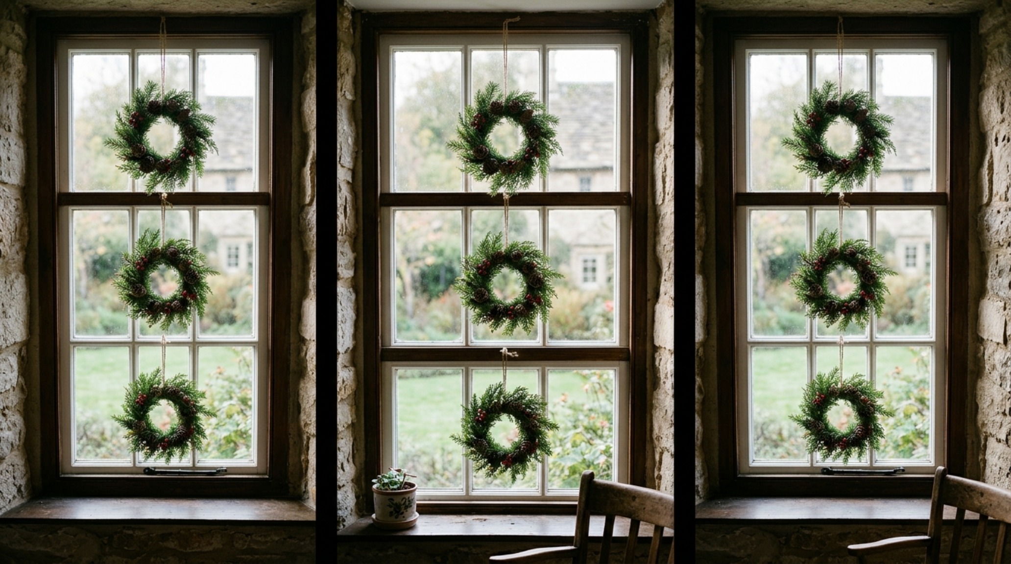 small space how to decorate christmas wreaths hung in a vertical cluster to emphasize ceiling height in a compact urban apartment