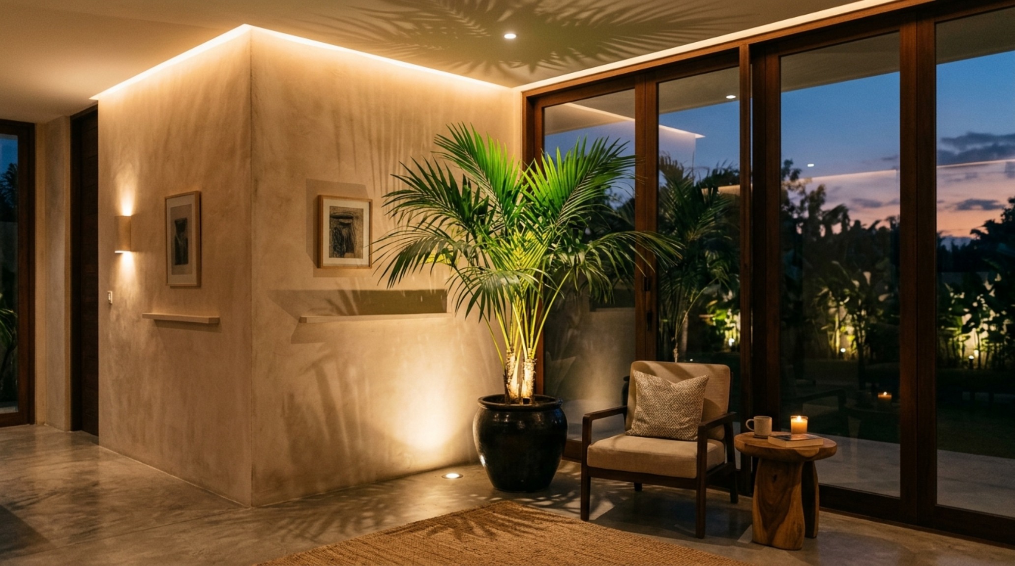 modern tropical architecture lighting guide featuring high CRI 90+ spotlights highlighting a large indoor Monstera plant in a plaster niche modern tropical architecture lighting guide featuring high CRI 90+ spotlights highlighting a large indoor Monstera plant in a plaster niche