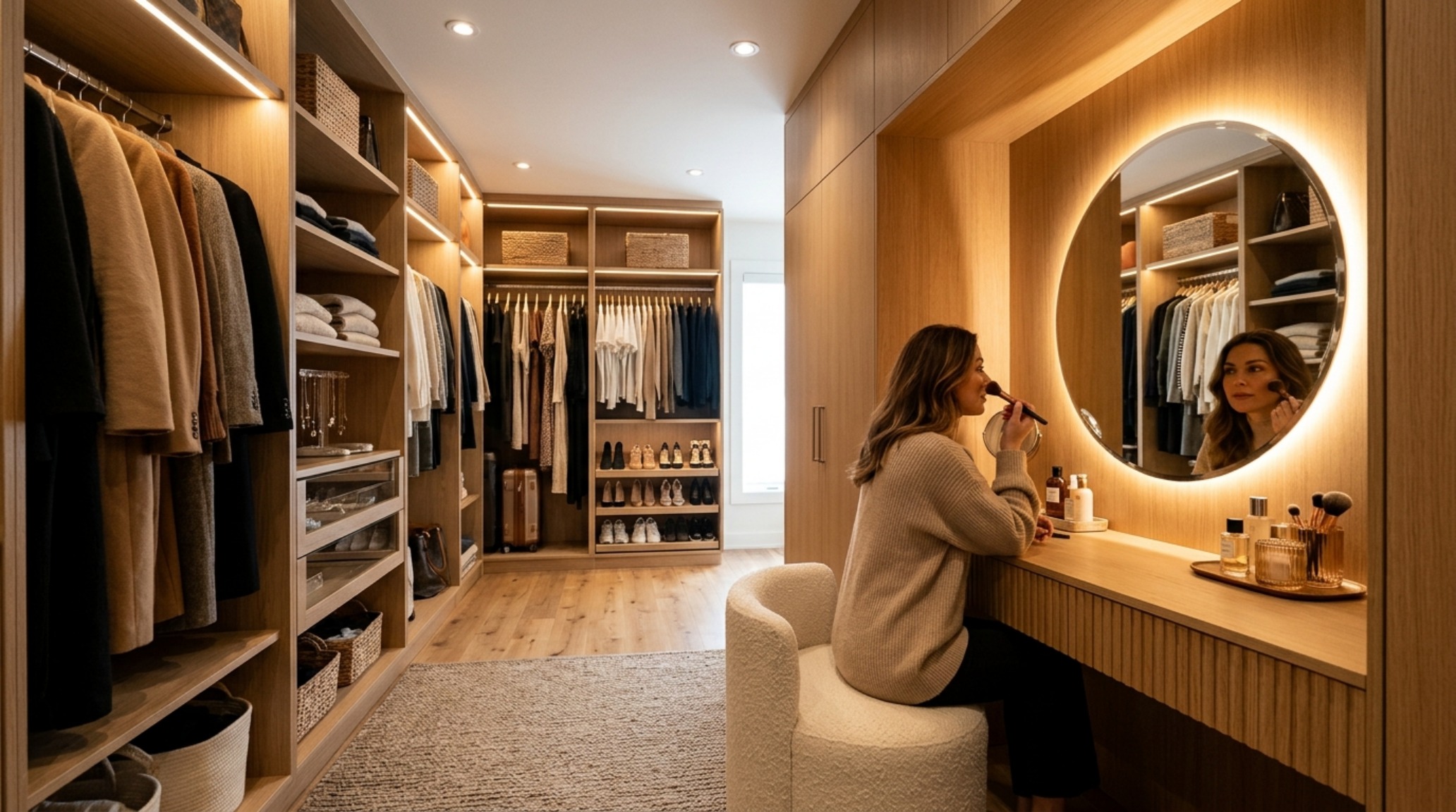 Modern walk in clothes closet ideas featuring a glass-top jewelry island and custom velvet-lined accessory drawers.