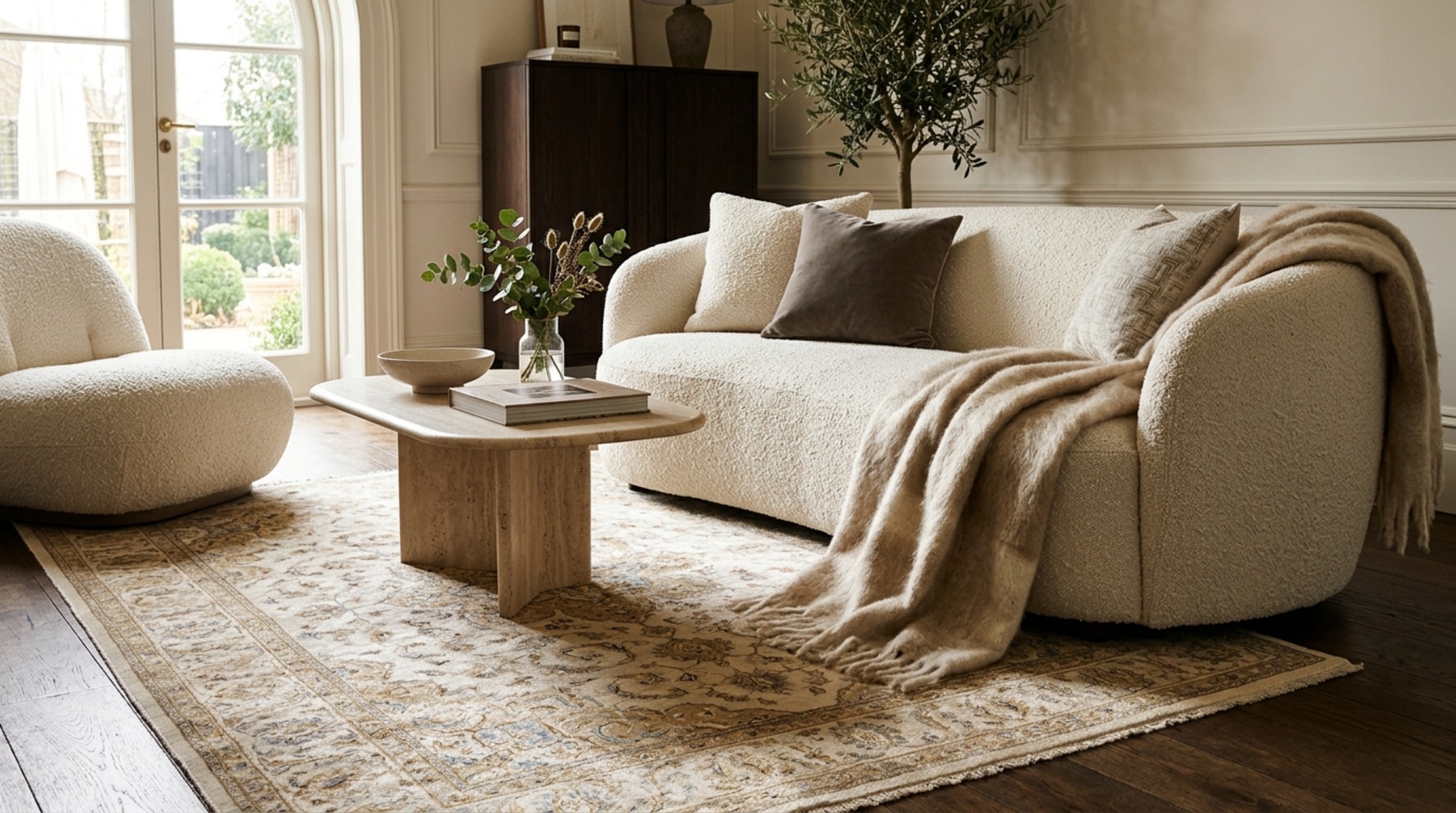 luxury luxury living room furniture sets textures depicting the tactile contrast of heavy bouclé upholstery against a smooth silk-wool rug