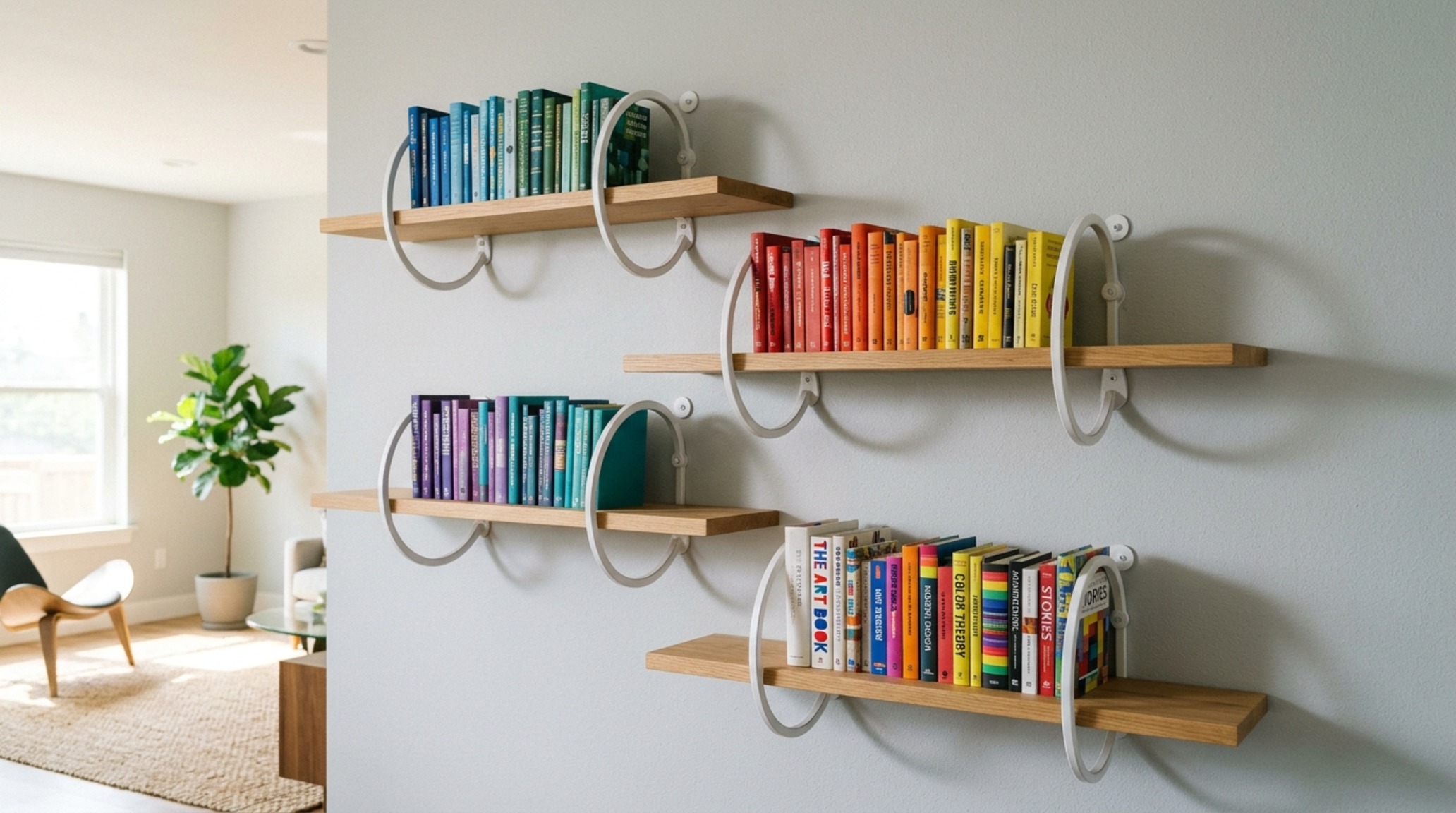 modern unusual shelf brackets ideas utilizing circular powder-coated steel mounts for a playful staggered bookshelf arrangement in a child's reading nook