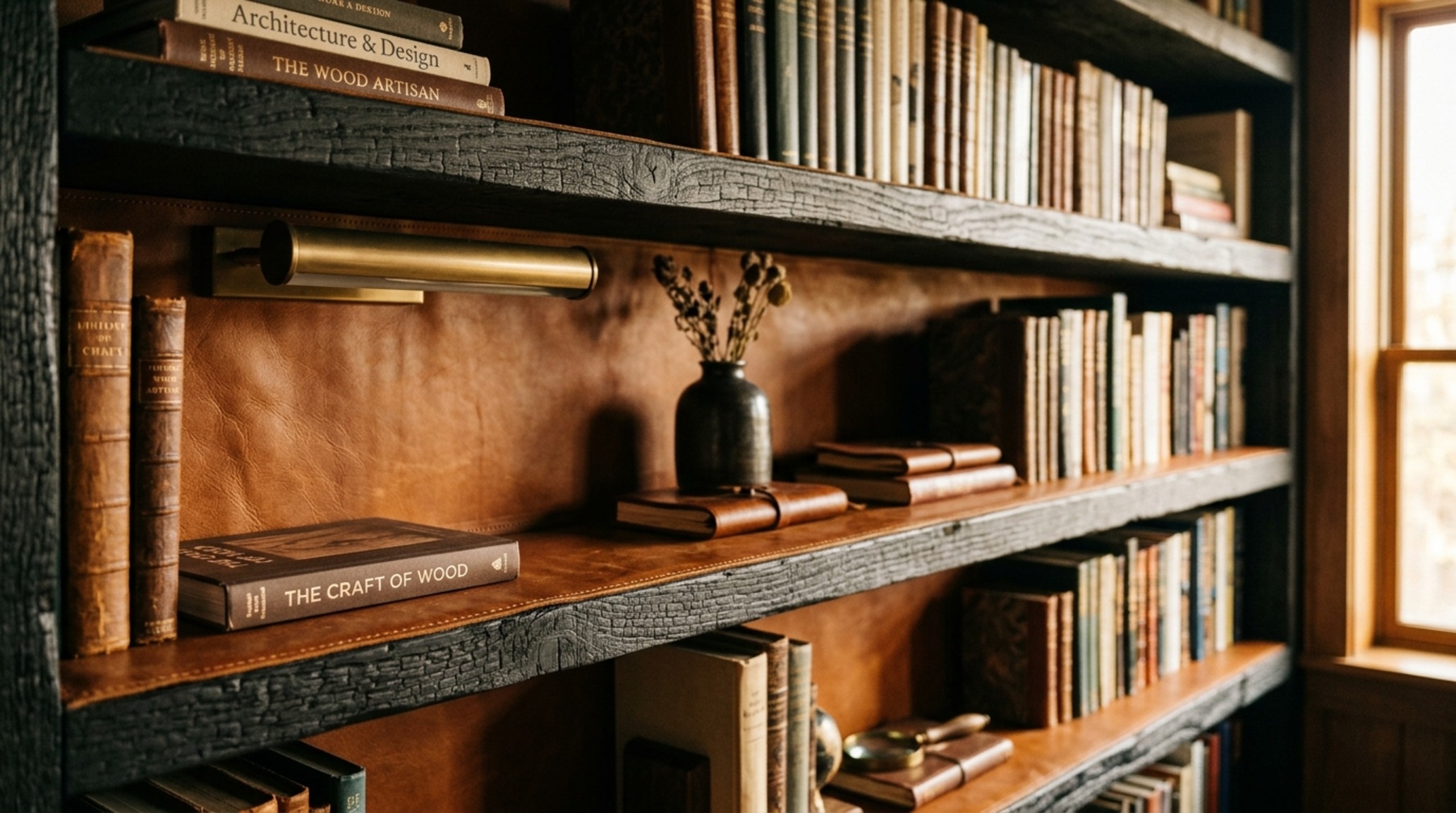 luxury 30 shelves textures featuring dark charred Shou Sugi Ban wood shelving with leather-wrapped edges in a masculine study environment.