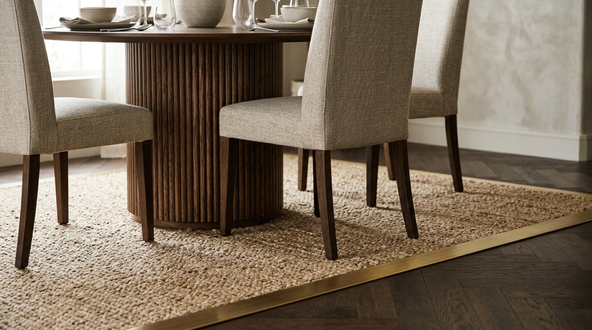 luxury best dining sets textures of a close-up fluted oak table base meeting a hand-knotted wool rug in warm greige tones