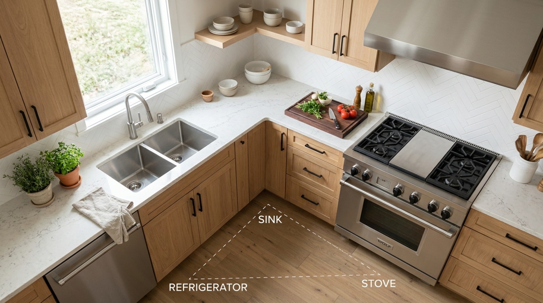 l shaped kitchen designs lighting guide illustrating the use of 2700K ambient recessed lighting and a high CRI task light focused on a professional induction cooktop
