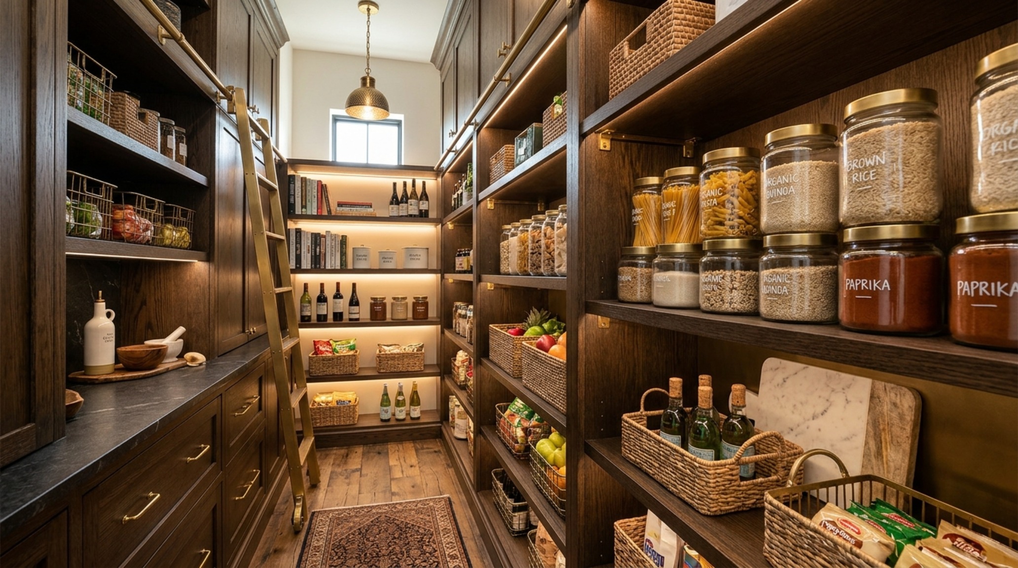 luxury kitchen cabinet floor plans textures showcasing a walk-in pantry with walnut shelving and brass mesh cabinet door inserts for tactile depth.