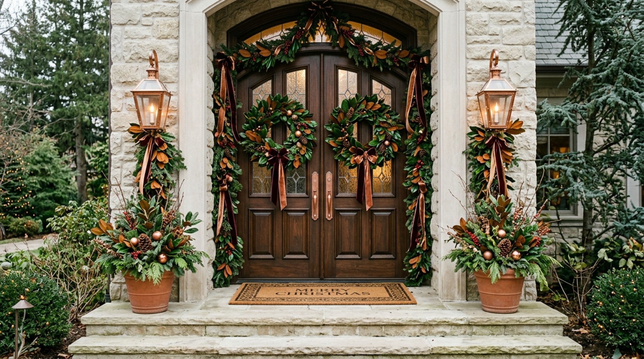 luxury front door christmas decorating ideas textures featuring Magnolia leaf wreaths and hammered copper lanterns on a grand limestone entry.