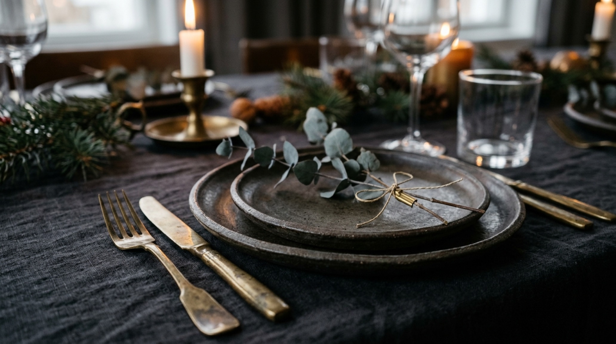 luxury table decorations for christmas textures focusing on a macro detail of hand-thrown stoneware and aged brass cutlery against a dark charcoal tablecloth luxury table decorations for christmas textures focusing on a macro detail of hand-thrown stoneware and aged brass cutlery against a dark charcoal tablecloth