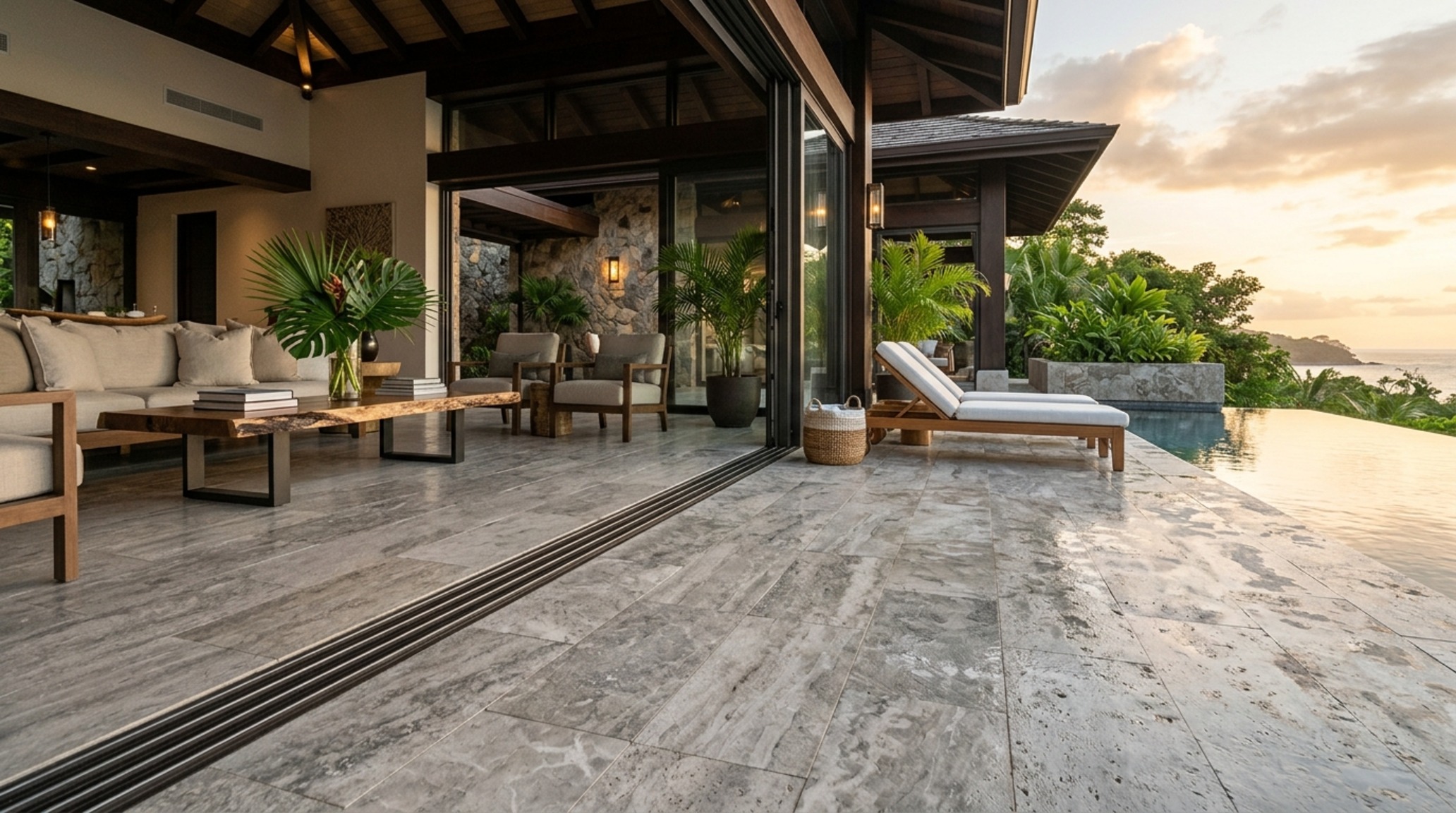 luxury modern tropical architecture textures highlighted by a honed silver travertine terrace and seamless glass thresholds luxury modern tropical architecture textures highlighted by a honed silver travertine terrace and seamless glass thresholds