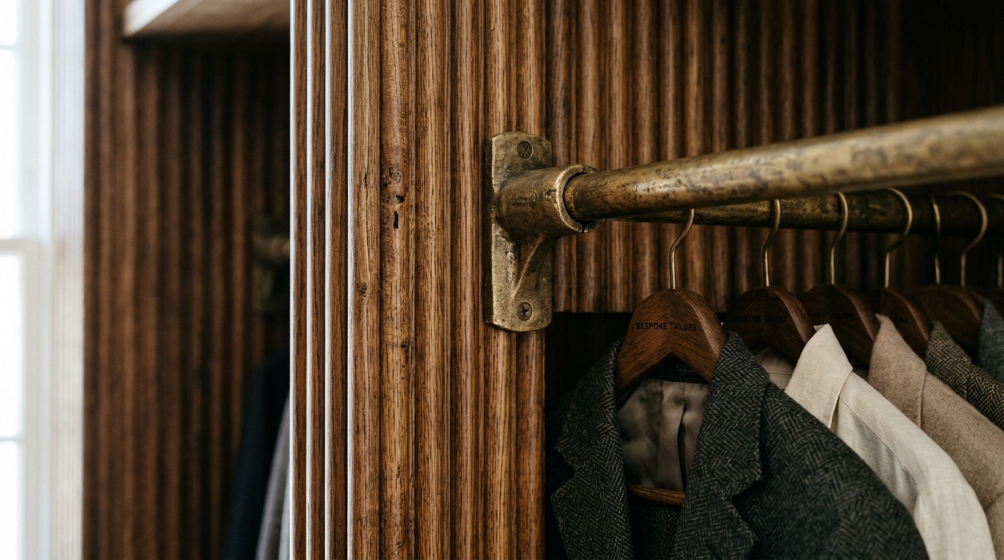 luxury walk in clothes closet textures with a focus on rift-sawn oak grain and antique brass hardware accents in a high-end dressing room luxury walk in clothes closet textures with a focus on rift-sawn oak grain and antique brass hardware accents in a high-end dressing room