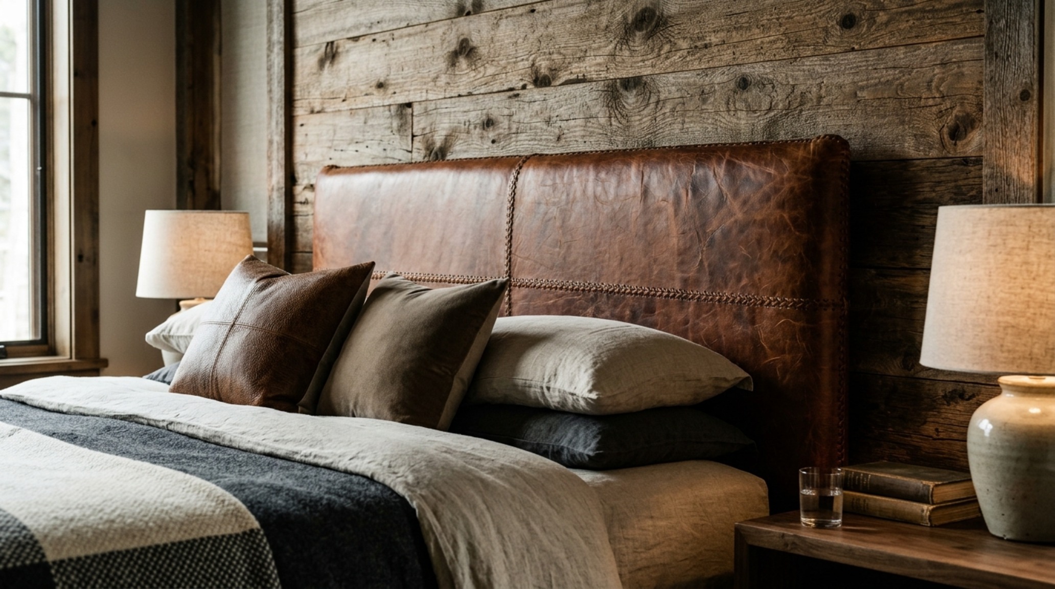 Luxury modern rustic furniture textures highlighting a cognac leather armchair paired with a hand-planed oak bookshelf. Luxury modern rustic furniture textures highlighting a cognac leather armchair paired with a hand-planed oak bookshelf.