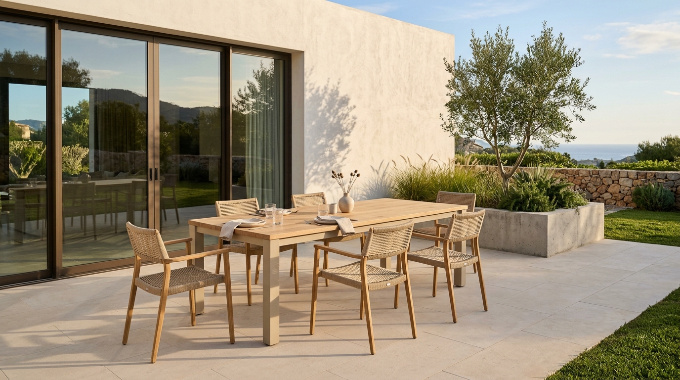 A minimalist outdoor dining nook with 30-inch chair clearance, illustrating small apartment balcony ideas ergonomics in a tight urban footprint.