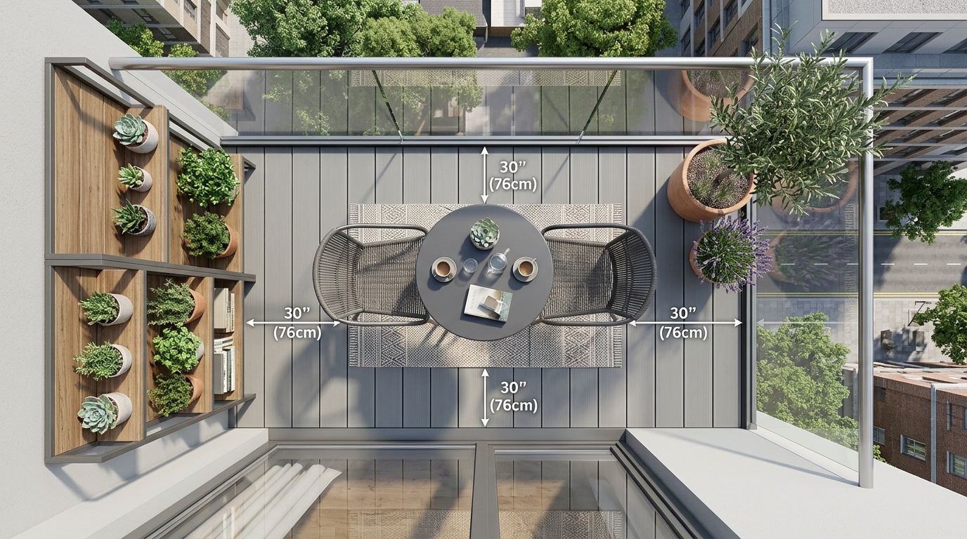 High-angle view of a compact balcony layout with 30-inch chair clearances and multi-functional storage benches.