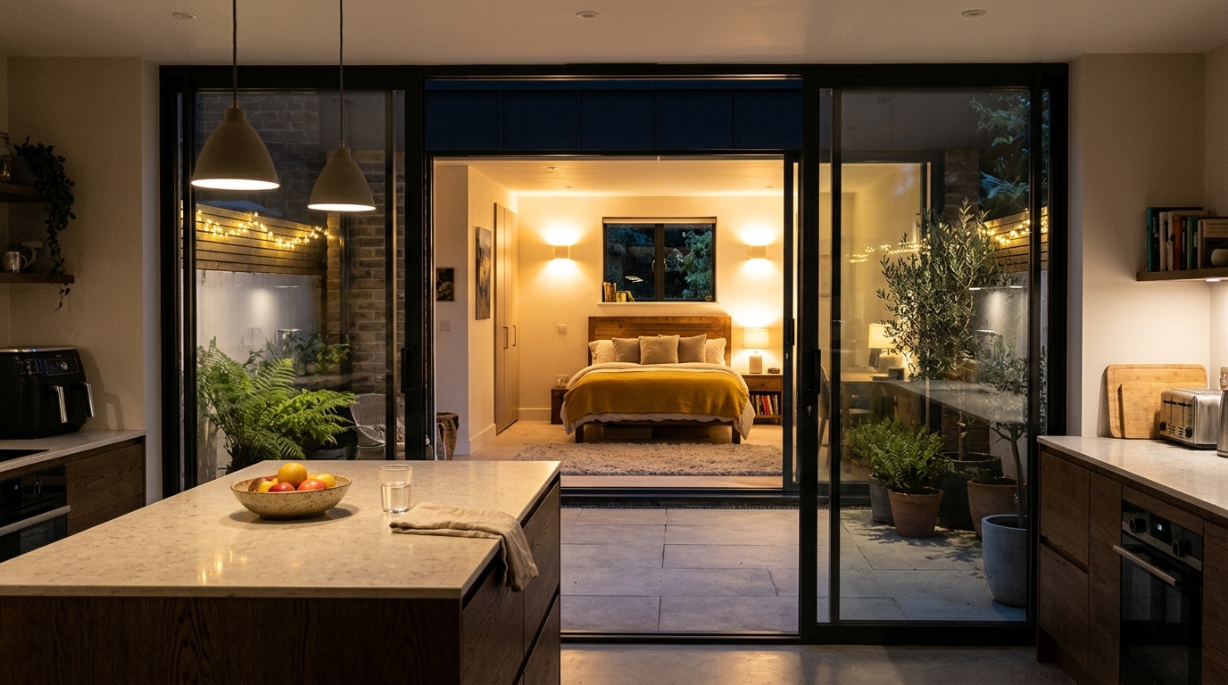 Interior view looking through a central glass patio into a kitchen, showing the transparency and 'spatial cadence' of a modern home glazed patio in center.