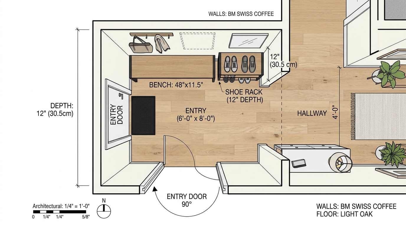 Top-down architectural view of a narrow entry layout with precise 36-inch clearance and integrated hidden shoe storage. Top-down architectural view of a narrow entry layout with precise 36-inch clearance and integrated hidden shoe storage.