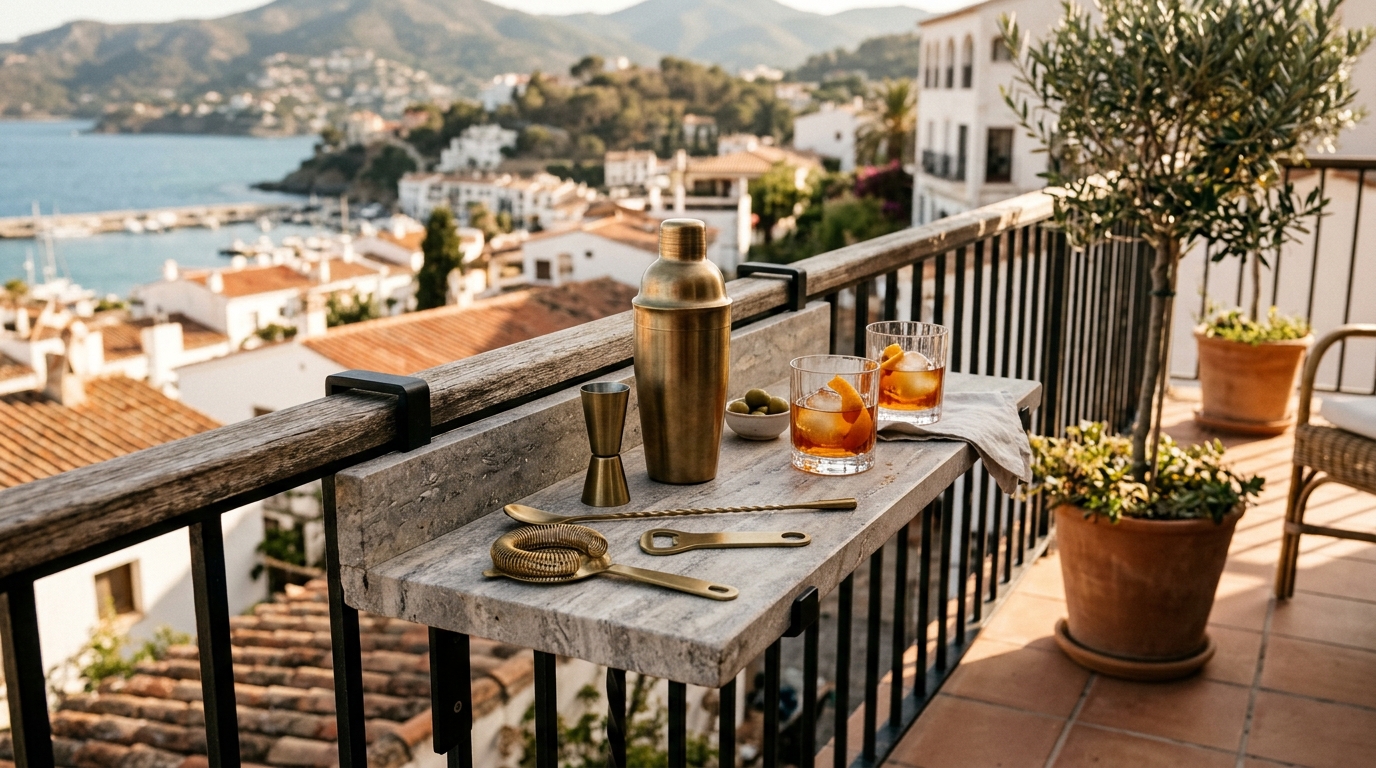 A floating stone shelf acting as a space-saving outdoor bar, styled with brushed brass accessories and architectural glassware.