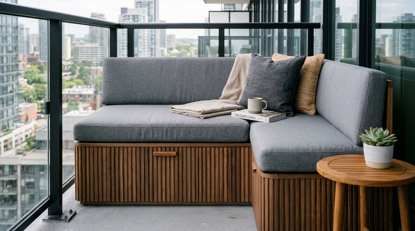 Modern small apartment balcony ideas layout with a custom corner banquette featuring hidden storage for outdoor cushions.