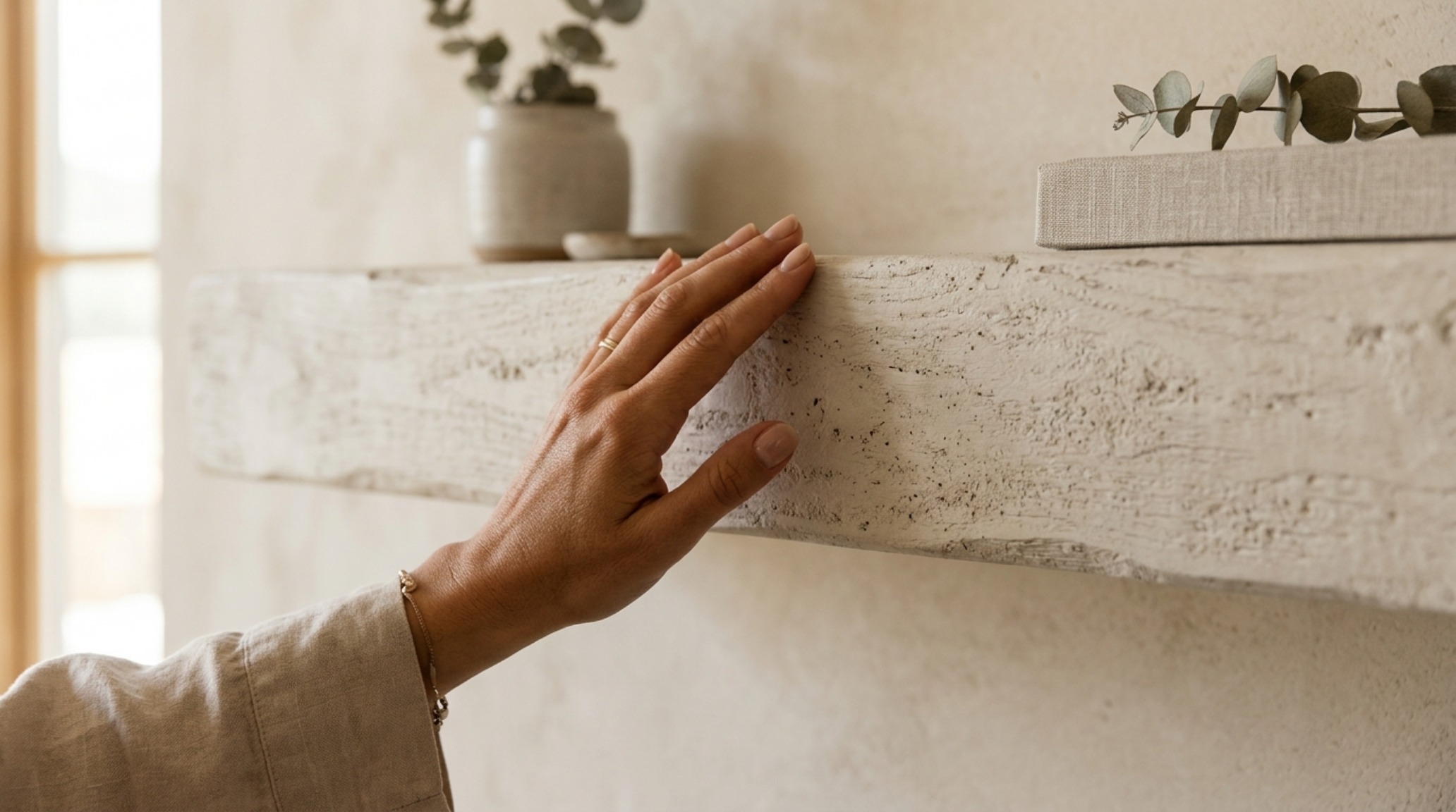 Tactile comparison of a standard foil shelf versus a DIY limewash finish, demonstrating luxury textures in a modern residential setting. Tactile comparison of a standard foil shelf versus a DIY limewash finish, demonstrating luxury textures in a modern residential setting.