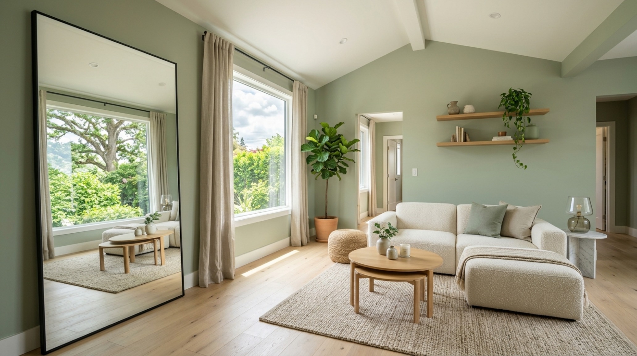 Small space sage green living room ideas showcasing a modular sectional and oversized mirror to maximize natural light and perceived volume. Small space sage green living room ideas showcasing a modular sectional and oversized mirror to maximize natural light and perceived volume.