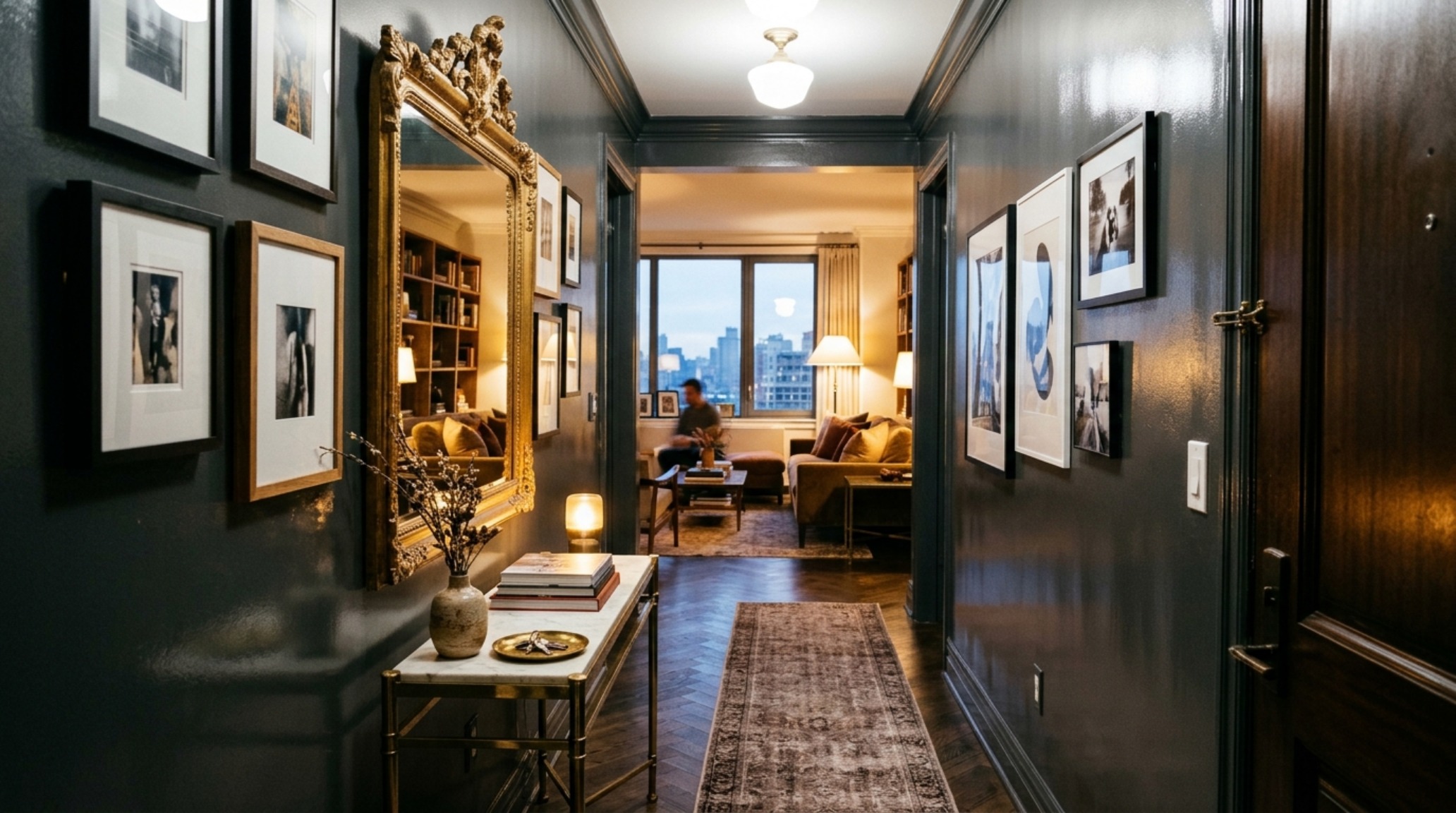 An eye-level view of an entry gallery with high-gloss navy walls and a statement mirror to increase perceived spatial depth.