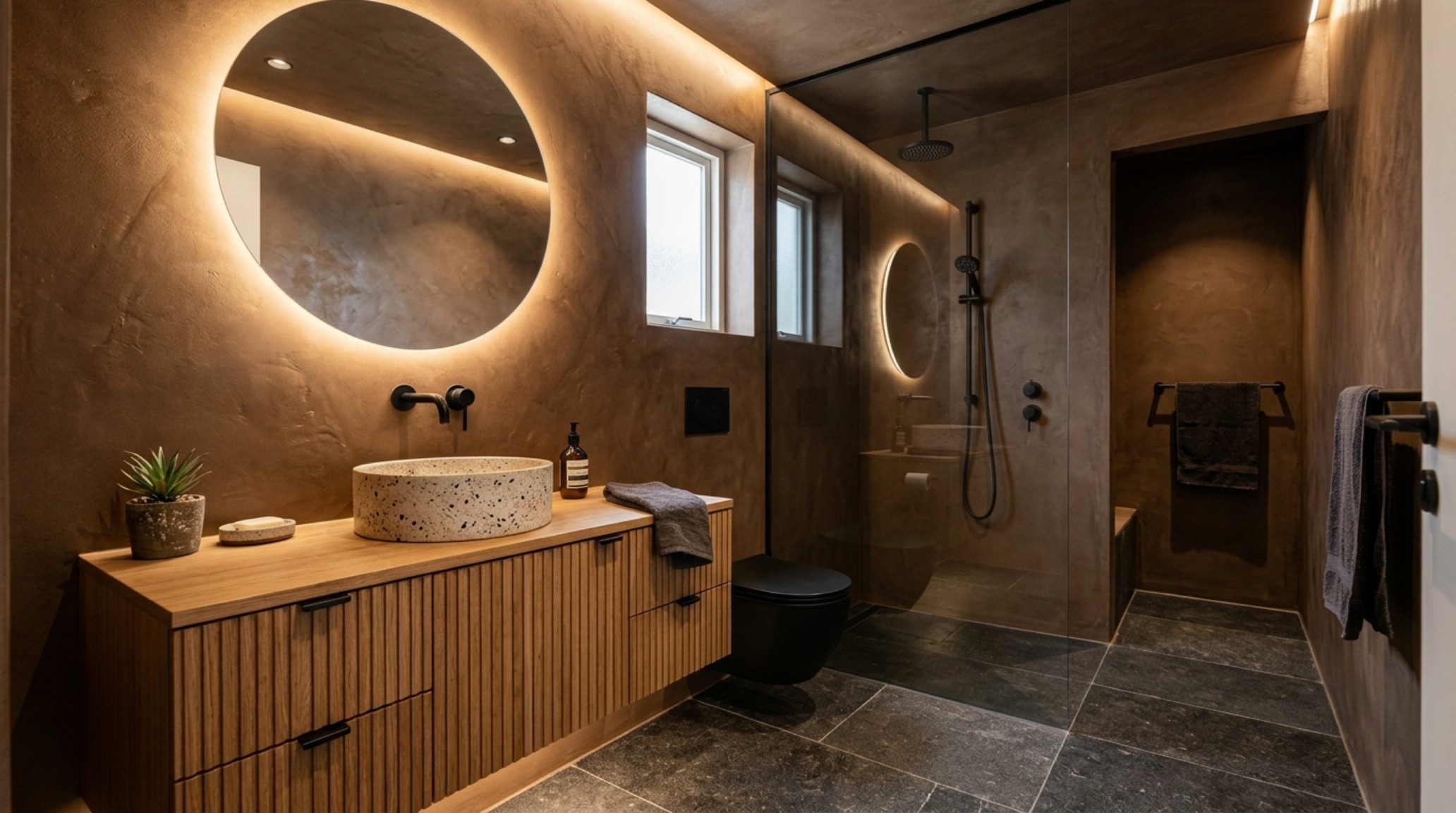 Modern bathroom with brown waterproof plaster walls and a fluted white oak vanity, emphasizing small space paint color browns 0608 decor ideas.