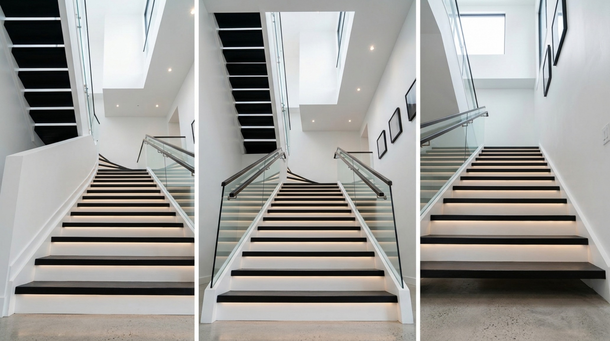 Architectural view of a staircase with painted black treads and white risers, highlighting sightline alignment and spatial cadence.