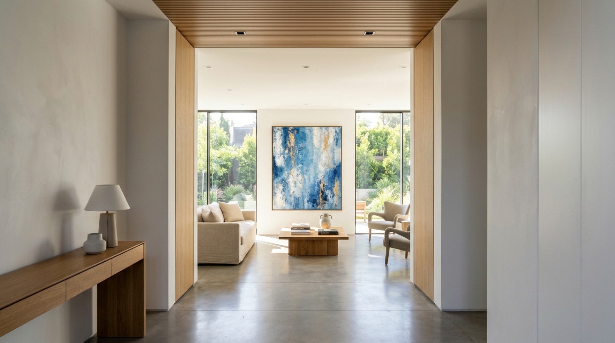 Perspective view of a sophisticated living area with sightline alignment towards a large-scale piece of abstract art on limewash walls. Perspective view of a sophisticated living area with sightline alignment towards a large-scale piece of abstract art on limewash walls.
