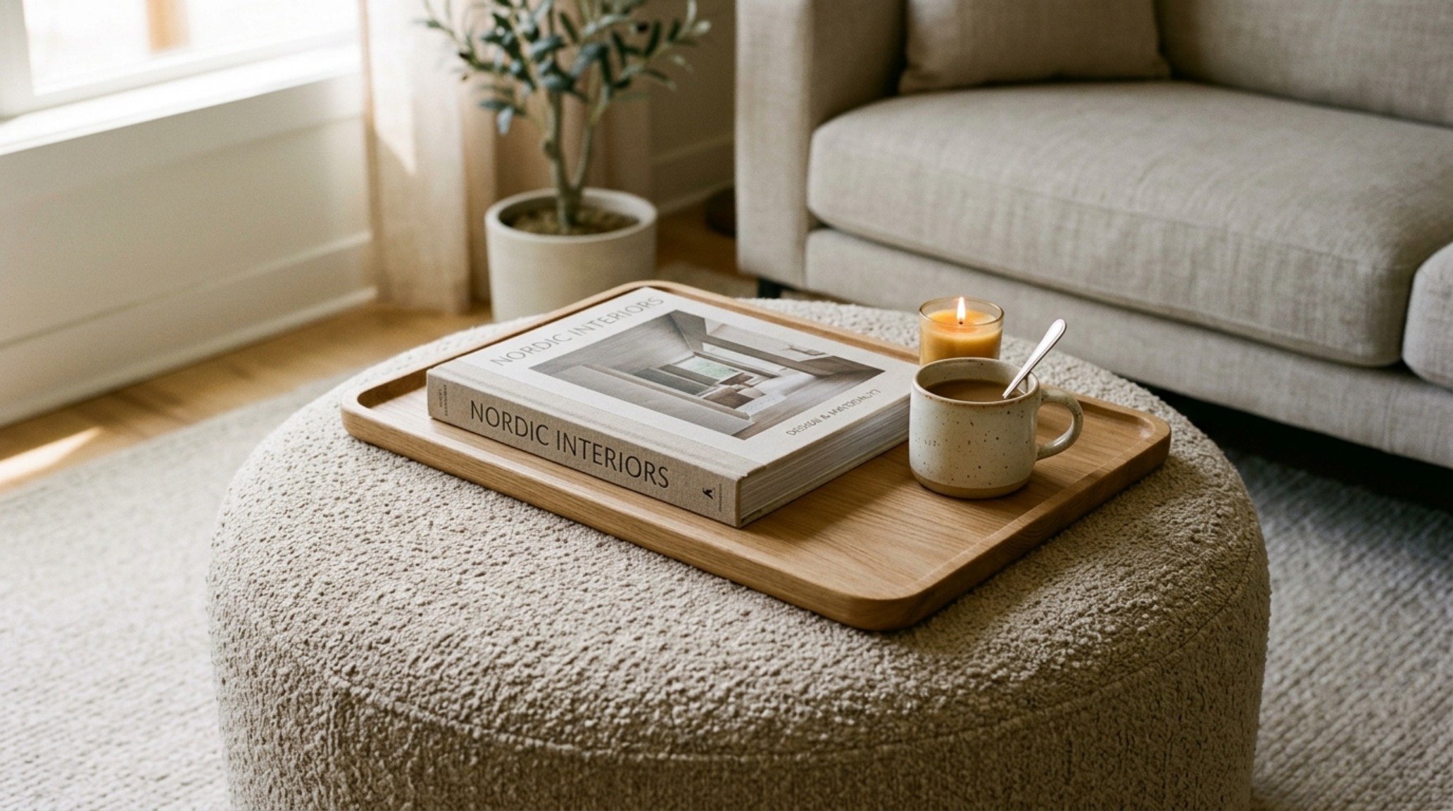 Detail shot of a fluted oak tray sitting on a 7th Avenue modular ottoman, demonstrating multi-functional th avenue black friday cloud couch decor ideas for small spaces.
